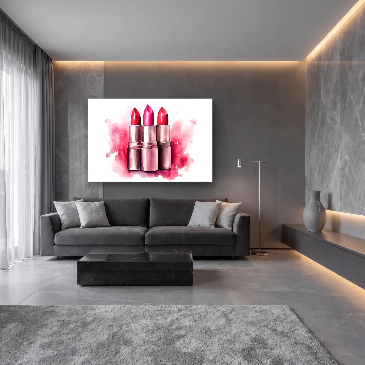 Suluboya Pembe Şakayıklar – Pembe Tonlar cam tablo — lüks salon duvarında