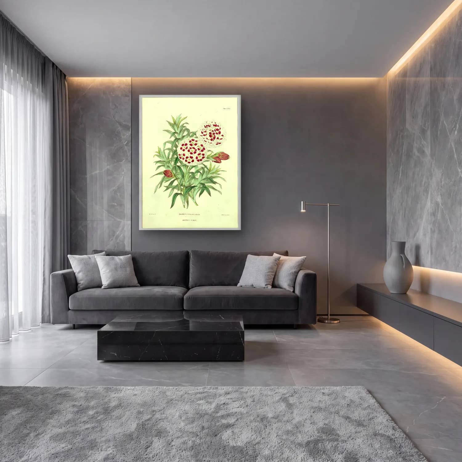 Botanik İllüstrasyon Çiçek Deseni No. 129 cam tablo — lüks salon duvarında
