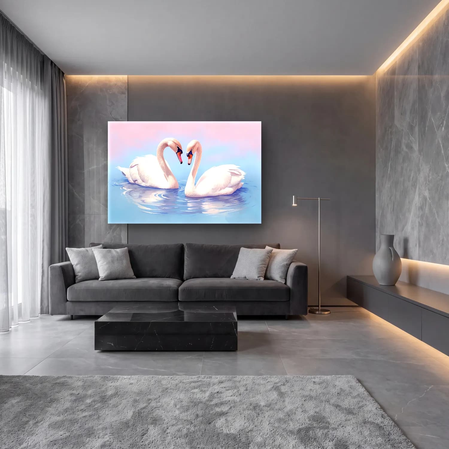 Sevimli İllüstrasyon Kuğu – Pastel Tonlar cam tablo — lüks salon duvarında