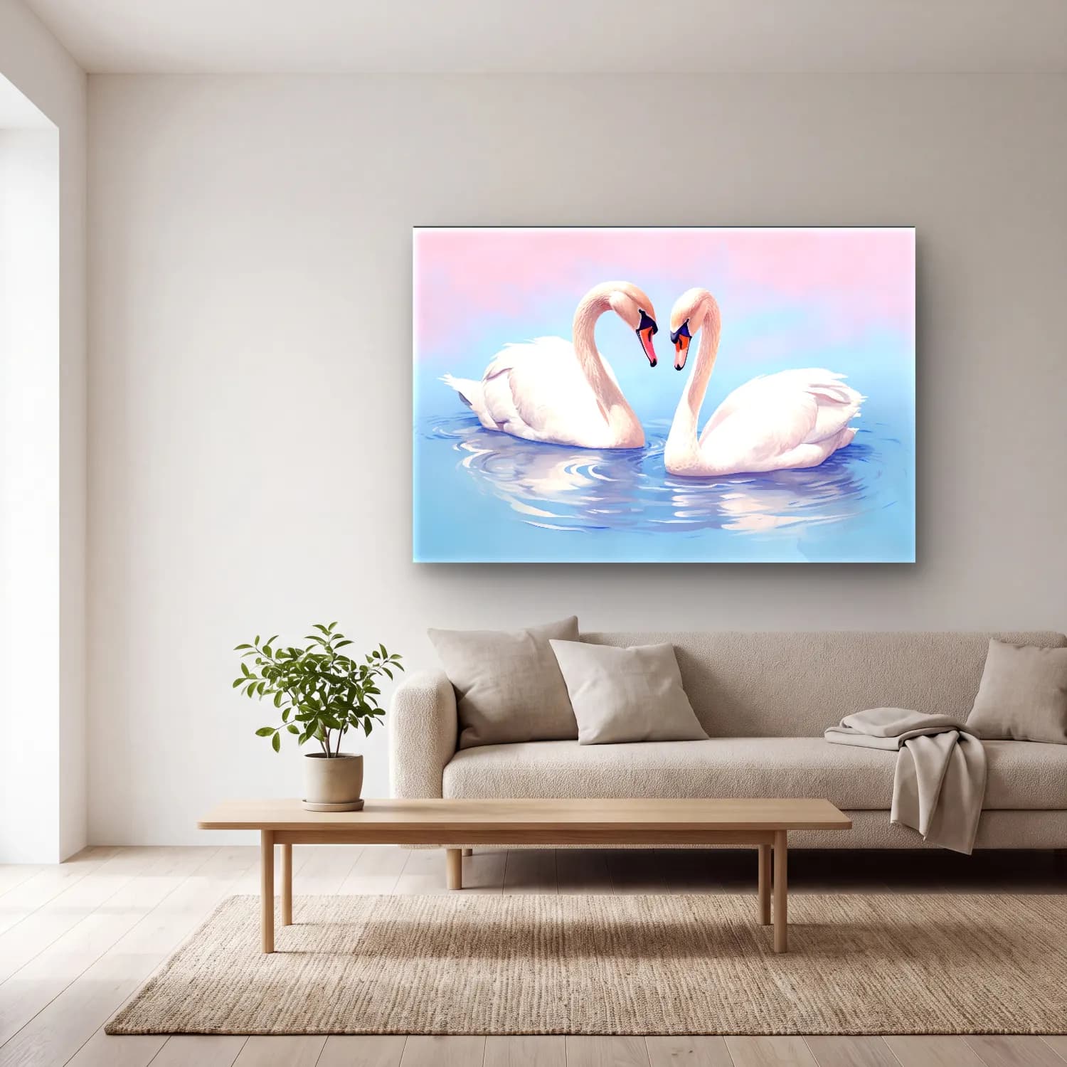 Sevimli İllüstrasyon Kuğu – Pastel Tonlar cam tablo — açık renk salonda