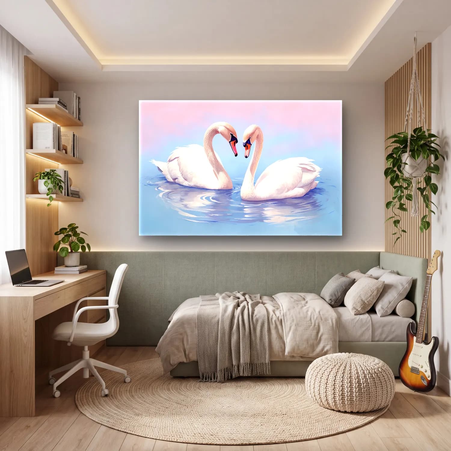 Sevimli İllüstrasyon Kuğu – Pastel Tonlar cam tablo — genç odasında