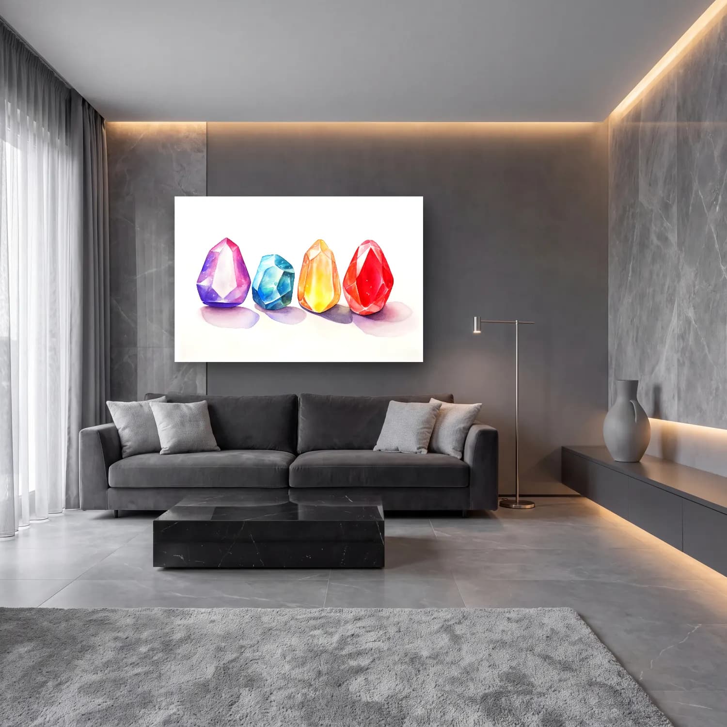 Suluboya Renk Alanları – Pastel Tonlar cam tablo — lüks salon duvarında