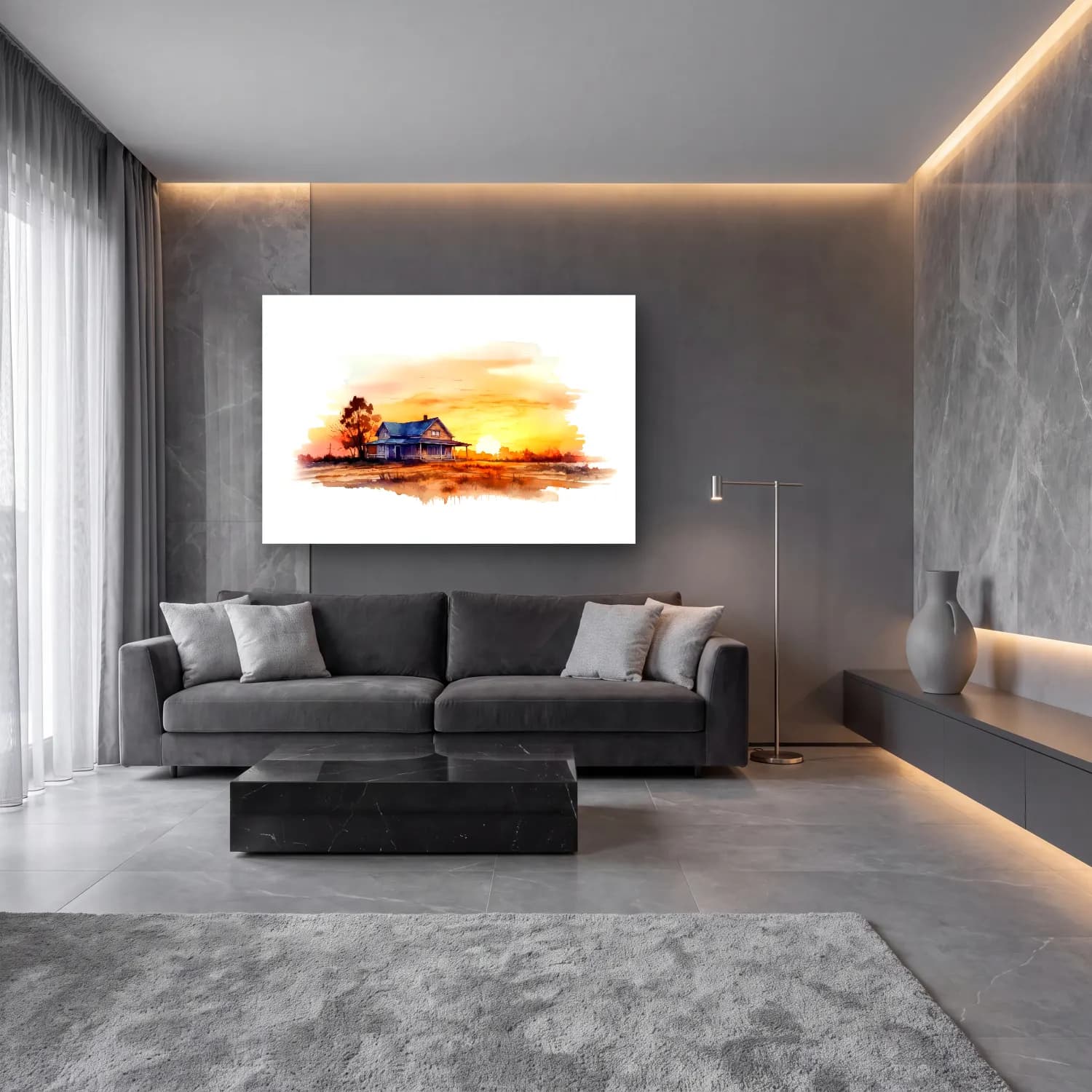 Suluboya Kır Evi No. 18 cam tablo — lüks salon duvarında
