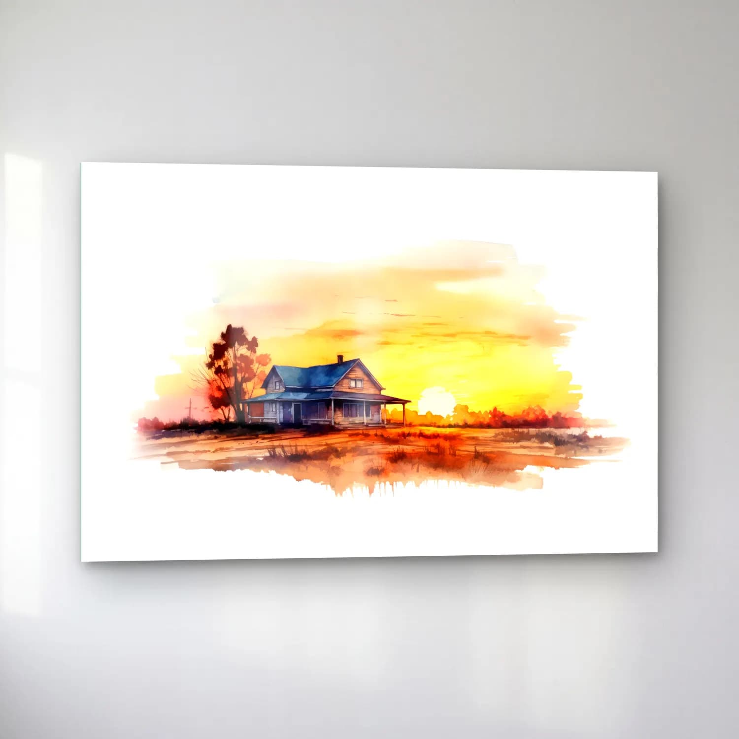 Suluboya Kır Evi No. 18 cam tablo — sol açıdan görünüm