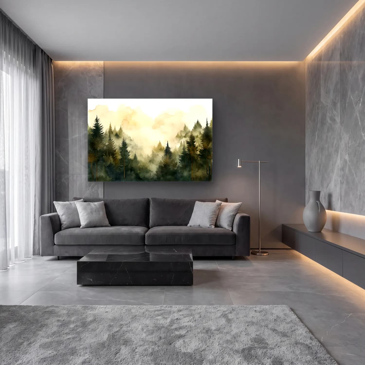 Suluboya Sisli Orman No. 9 cam tablo — lüks salon duvarında