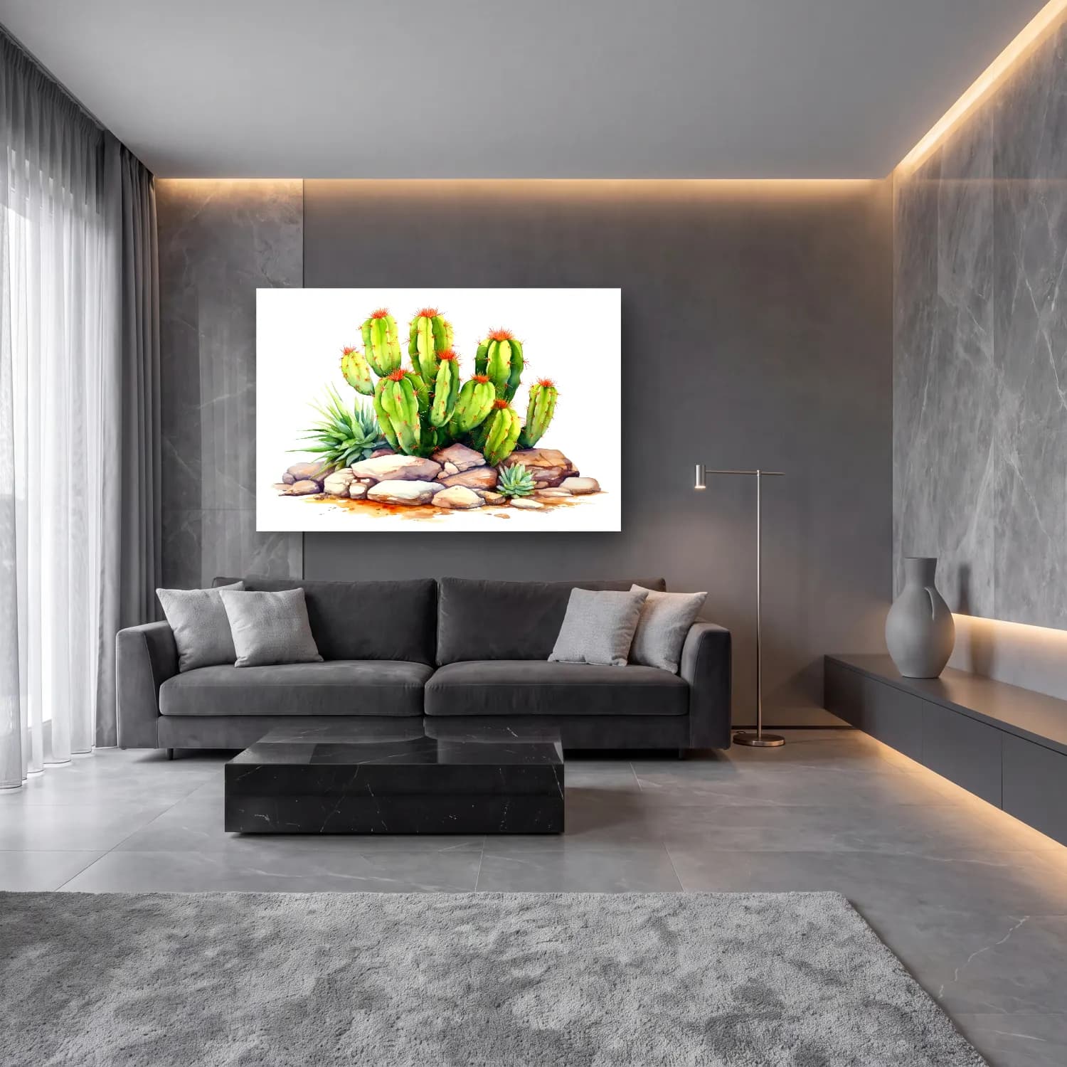 Suluboya Kaktüs – Yeşil Tonlar cam tablo — lüks salon duvarında