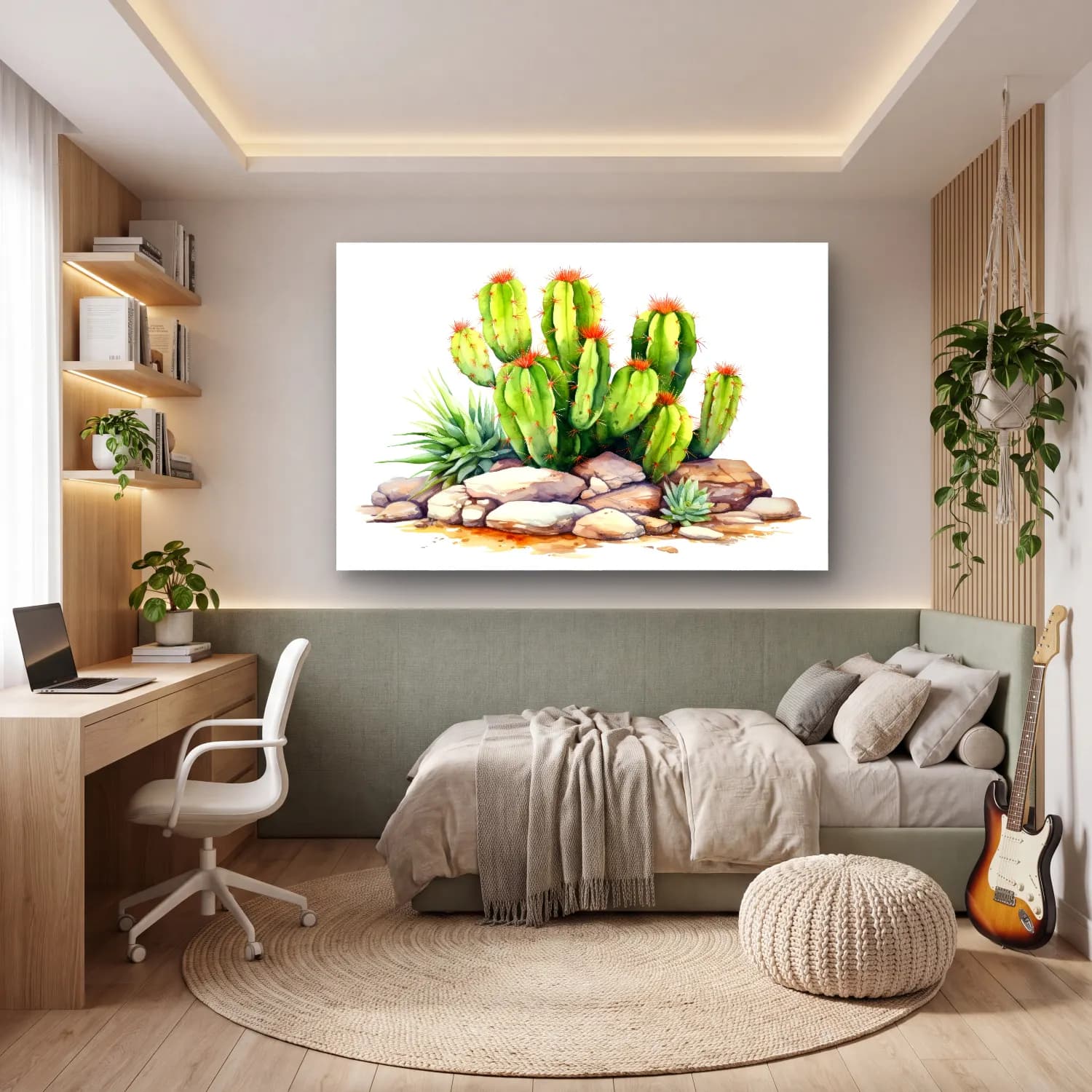 Suluboya Kaktüs – Yeşil Tonlar cam tablo — genç odasında