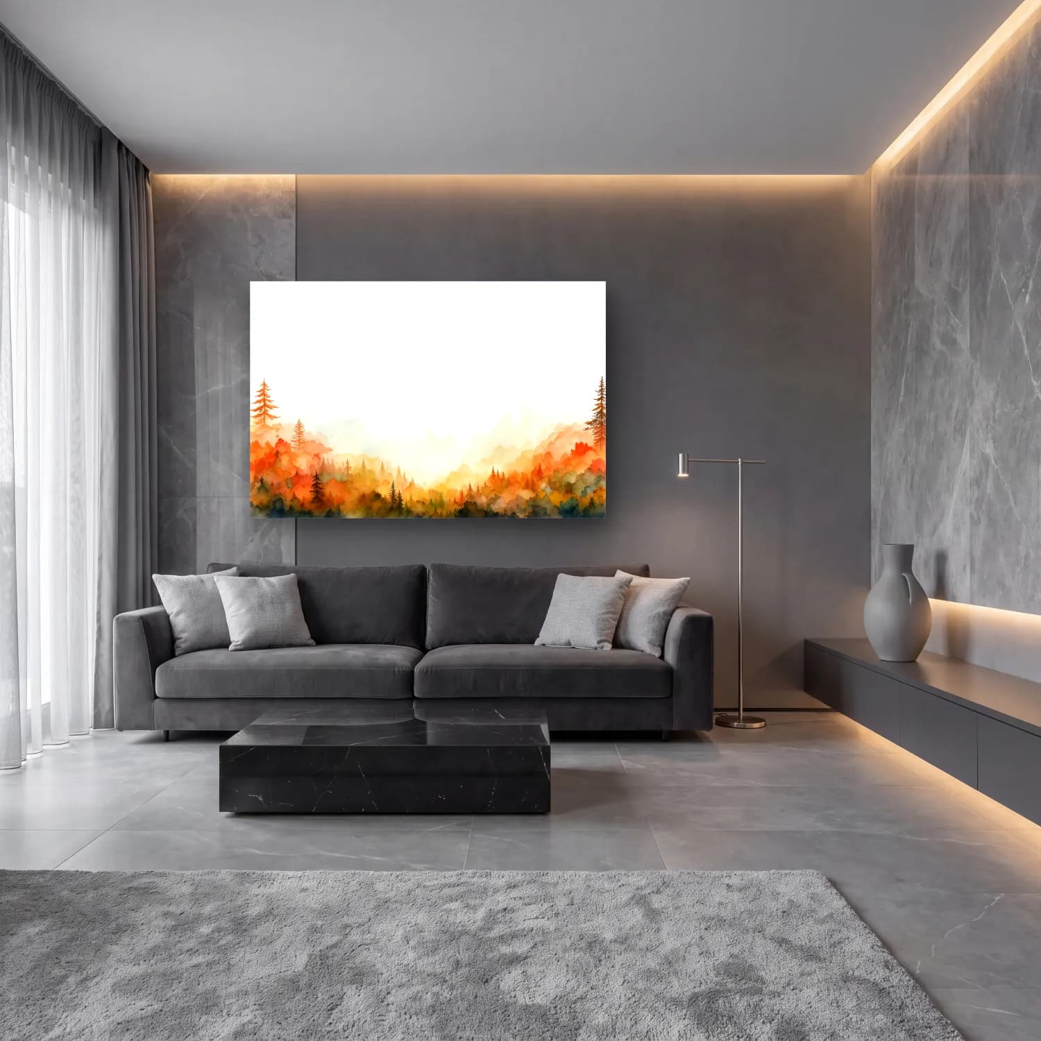 Suluboya Sisli Orman No. 11 cam tablo — lüks salon duvarında