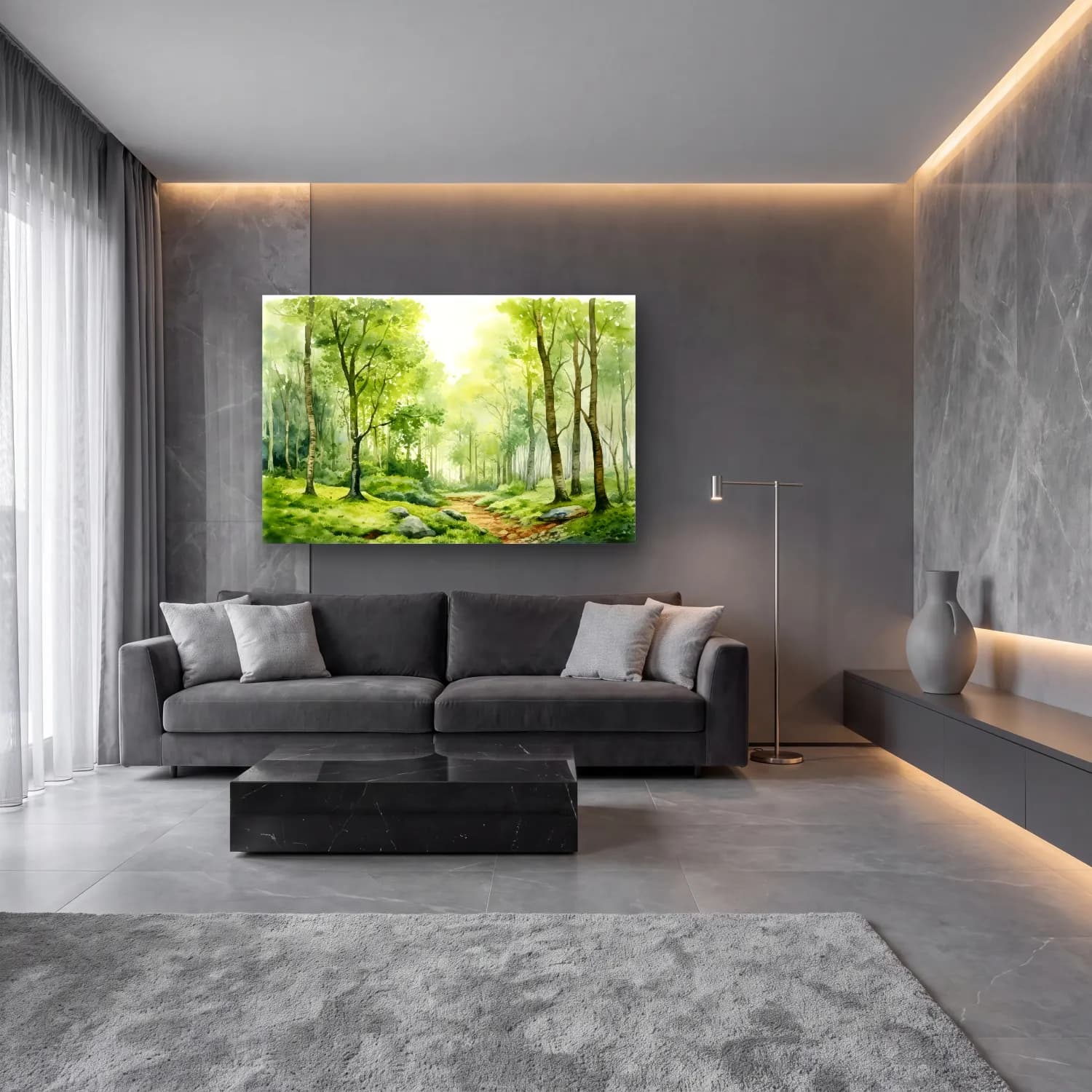 Suluboya Sisli Orman No. 12 cam tablo — lüks salon duvarında