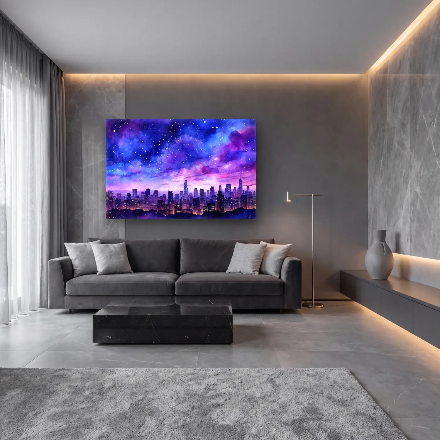 Suluboya Gece Şehir – Mor Tonlar cam tablo — lüks salon duvarında