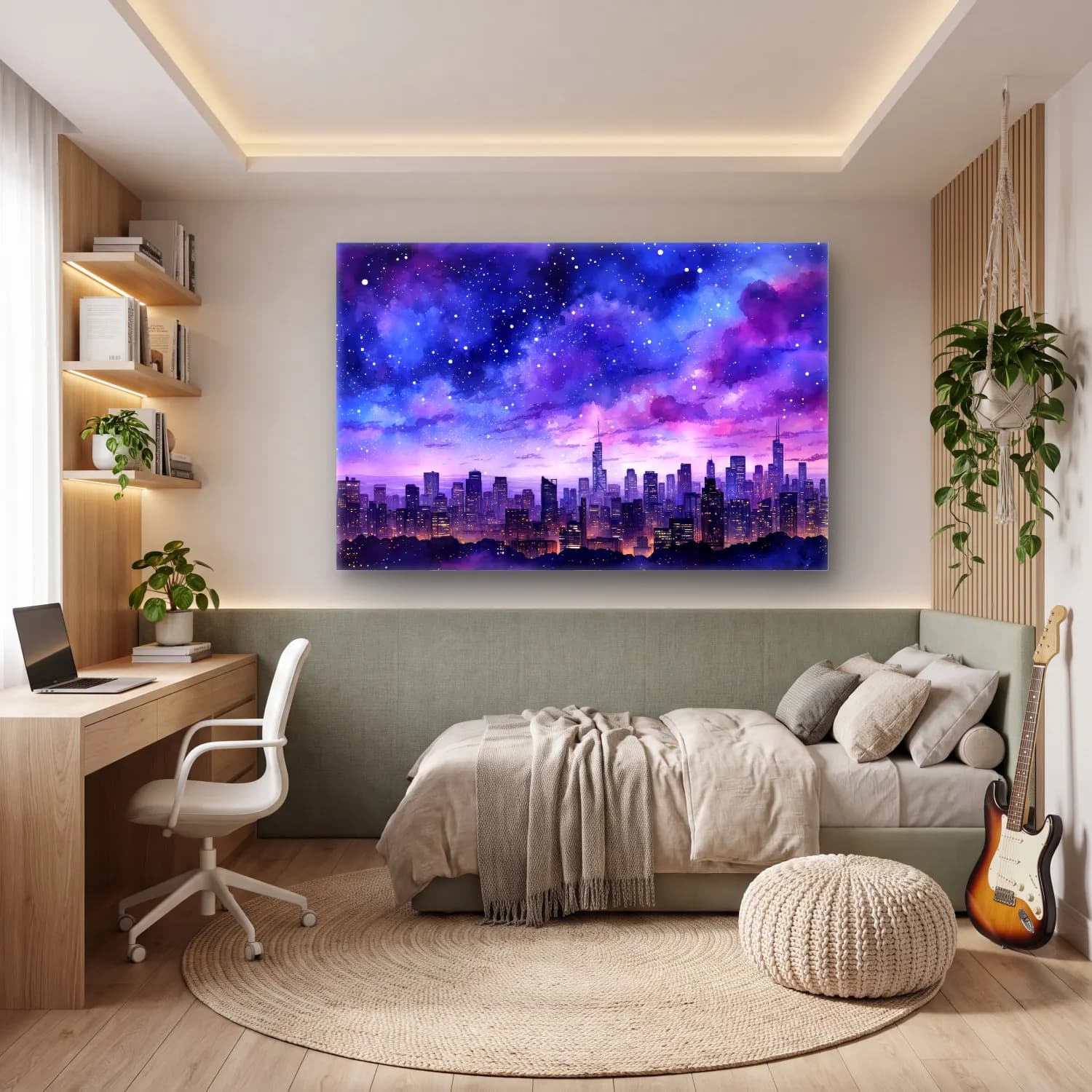 Suluboya Gece Şehir – Mor Tonlar cam tablo — genç odasında