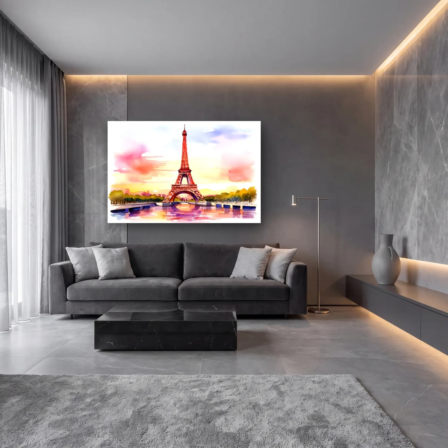 Suluboya Paris ve Eyfel Kulesi – Pembe Tonlar cam tablo — lüks salon duvarında