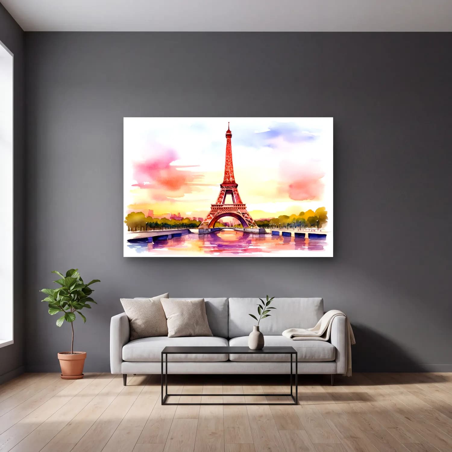 Suluboya Paris ve Eyfel Kulesi – Pembe Tonlar cam tablo — gri duvarlı salonda