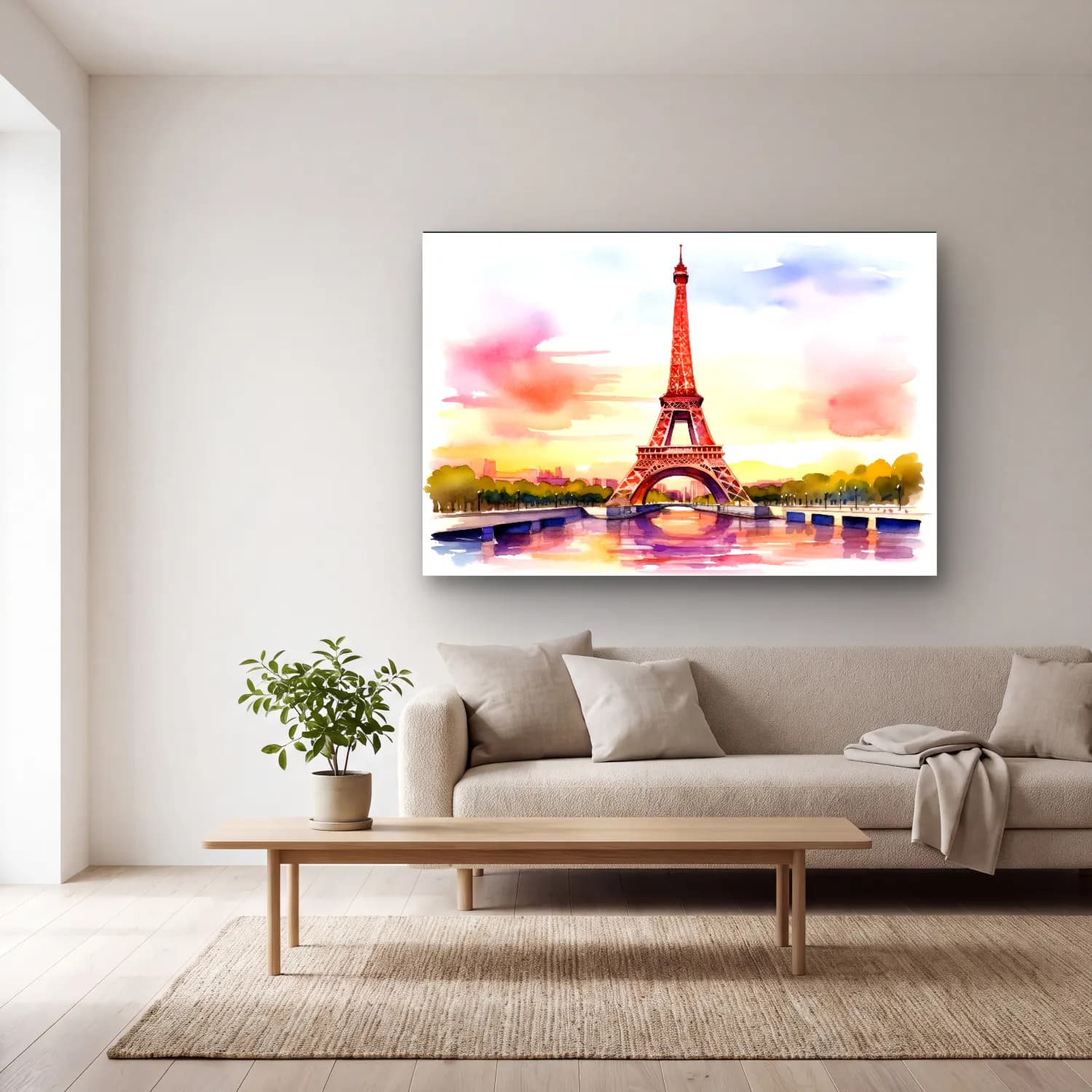 Suluboya Paris ve Eyfel Kulesi – Pembe Tonlar cam tablo — açık renk salonda