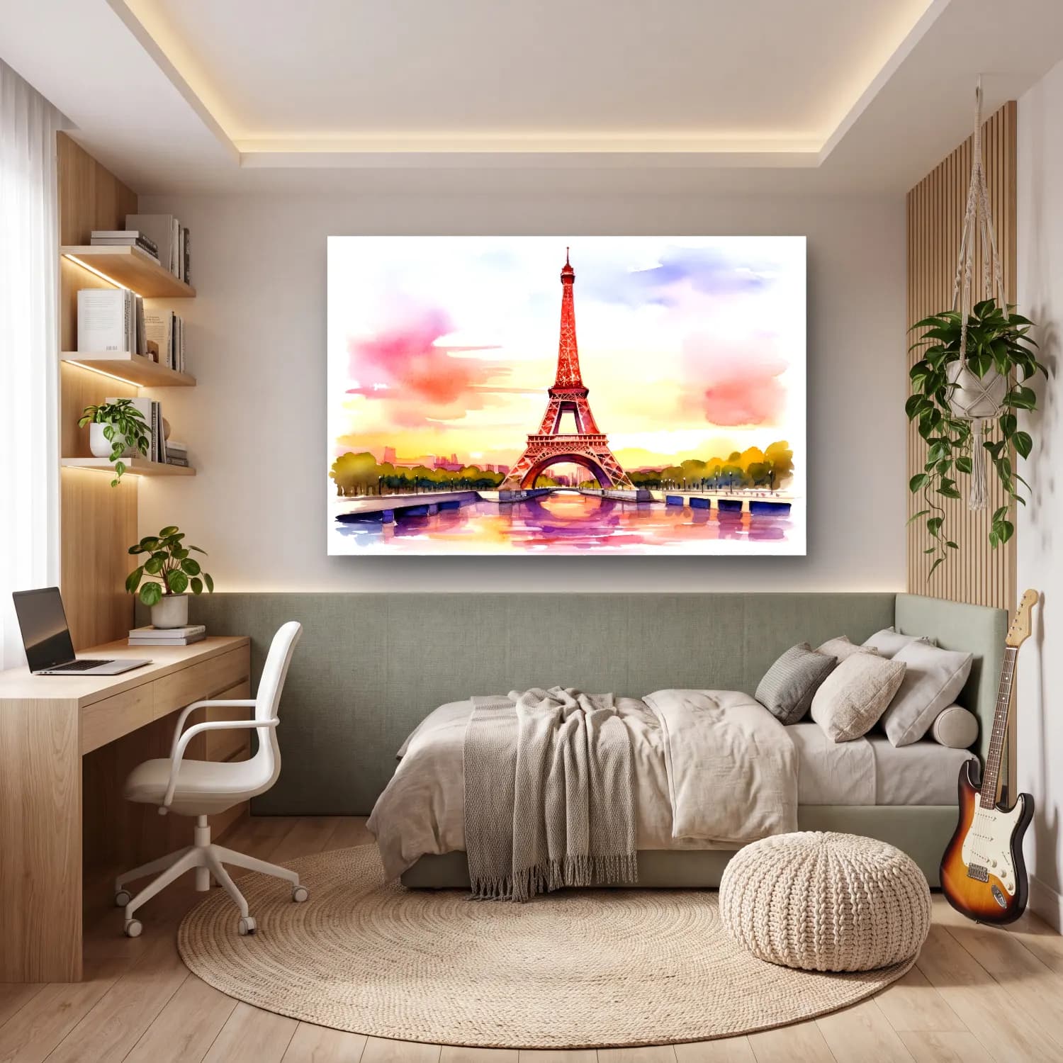 Suluboya Paris ve Eyfel Kulesi – Pembe Tonlar cam tablo — genç odasında