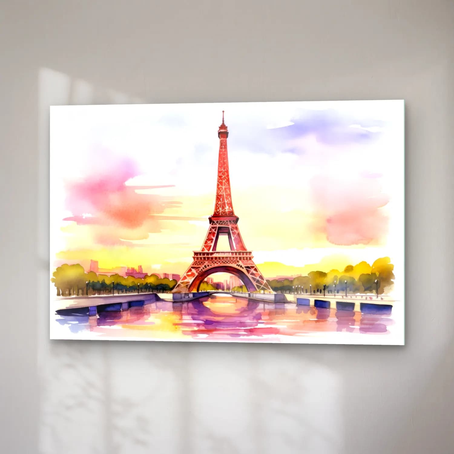 Suluboya Paris ve Eyfel Kulesi – Pembe Tonlar cam tablo — sağ açıdan görünüm