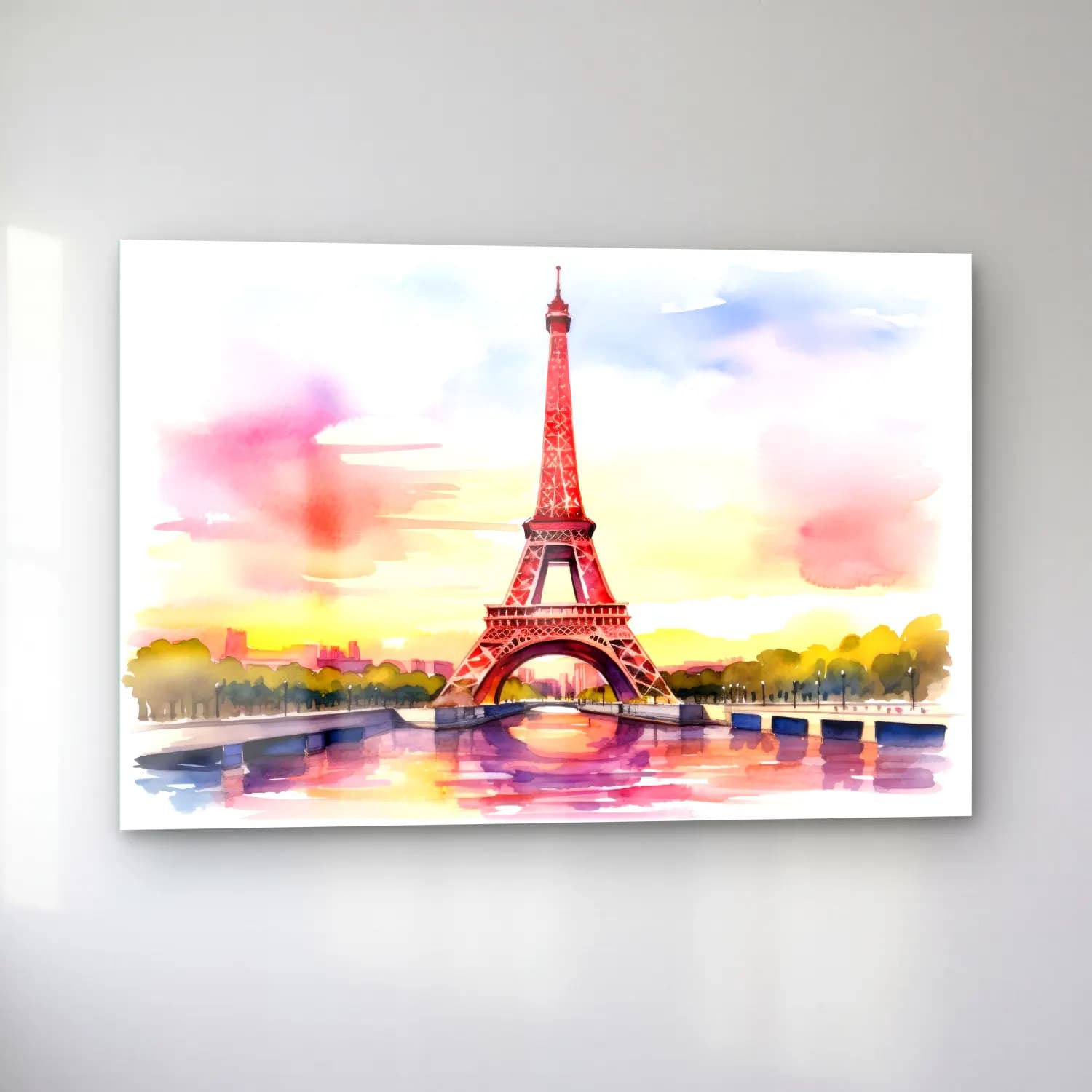 Suluboya Paris ve Eyfel Kulesi – Pembe Tonlar cam tablo — sol açıdan görünüm
