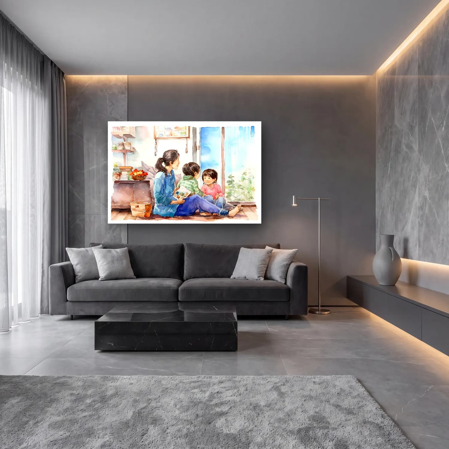 Suluboya Anne ve Çocuk No. 2 cam tablo — lüks salon duvarında