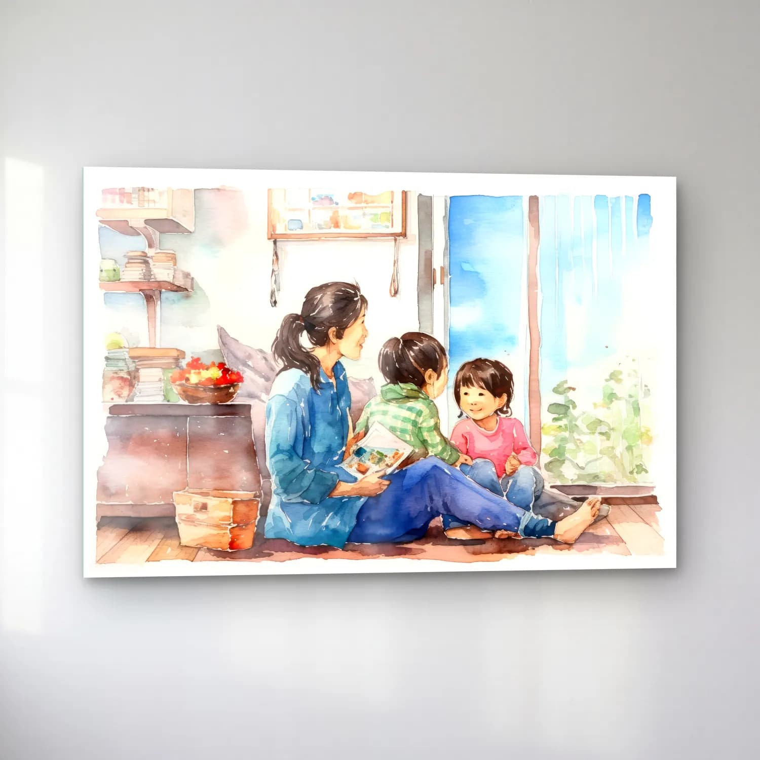 Suluboya Anne ve Çocuk No. 2 cam tablo — sol açıdan görünüm