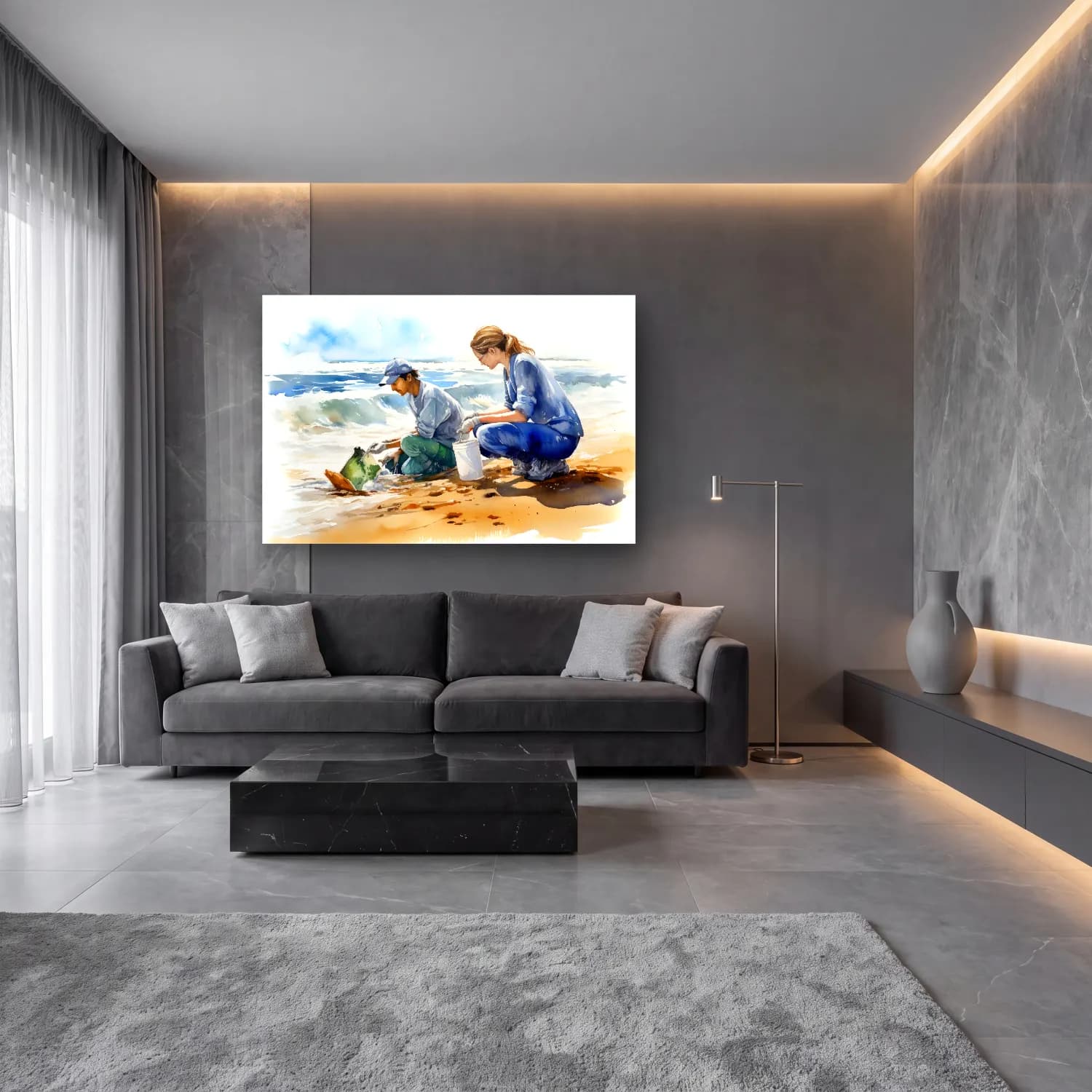 Suluboya Sahilde İnsanlar – Pastel Tonlar cam tablo — lüks salon duvarında