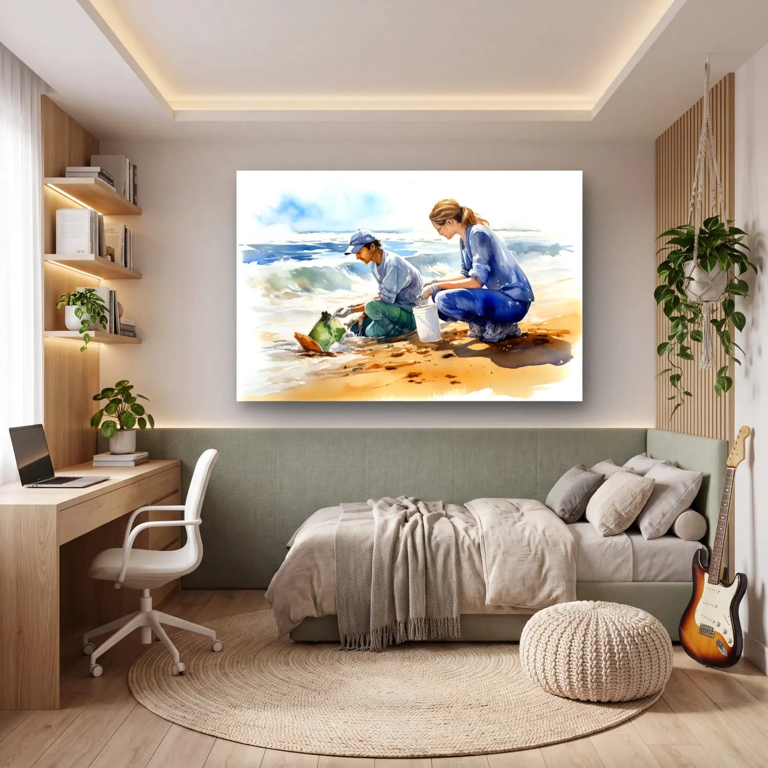 Suluboya Sahilde İnsanlar – Pastel Tonlar cam tablo — genç odasında