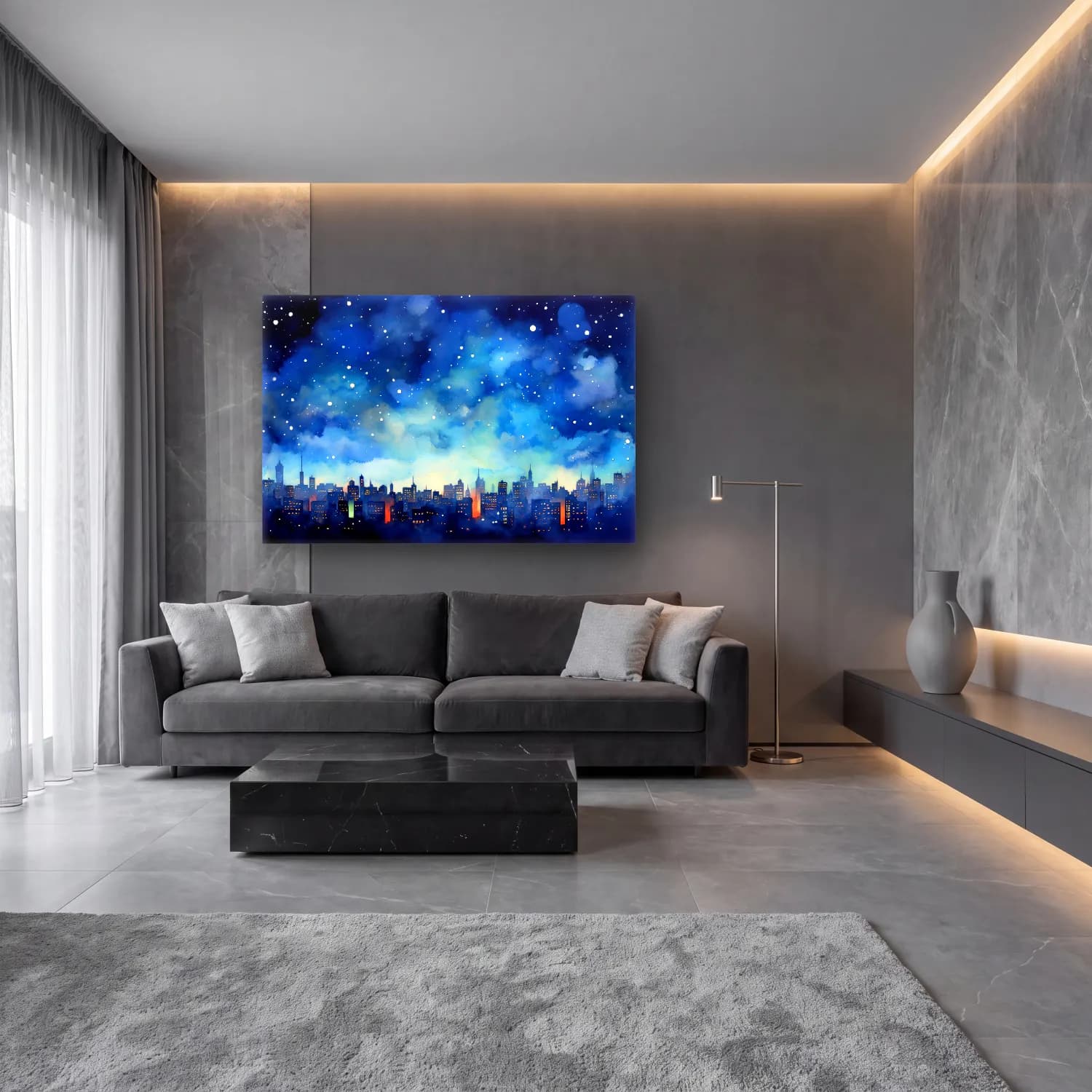Suluboya Gece Şehir – Mavi Tonlar cam tablo — lüks salon duvarında