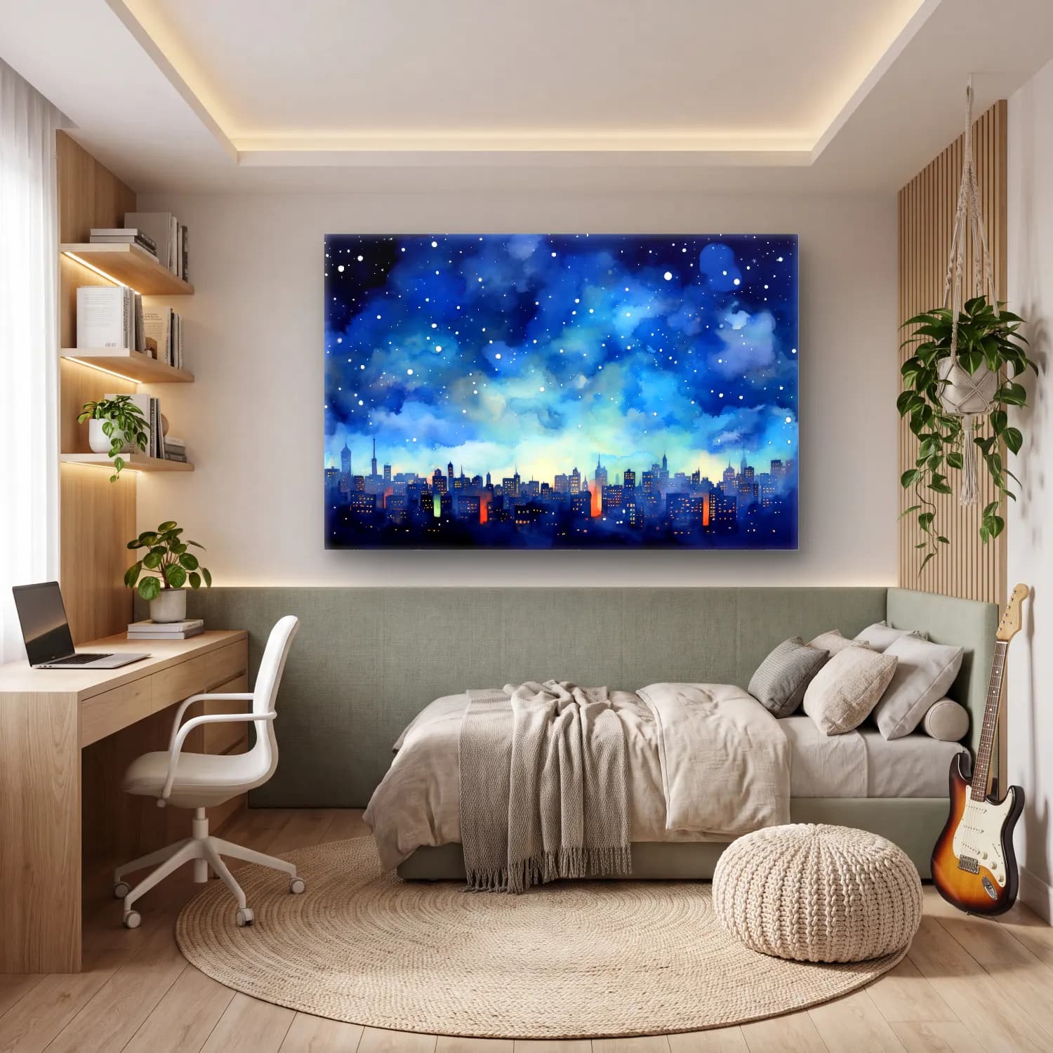 Suluboya Gece Şehir – Mavi Tonlar cam tablo — genç odasında