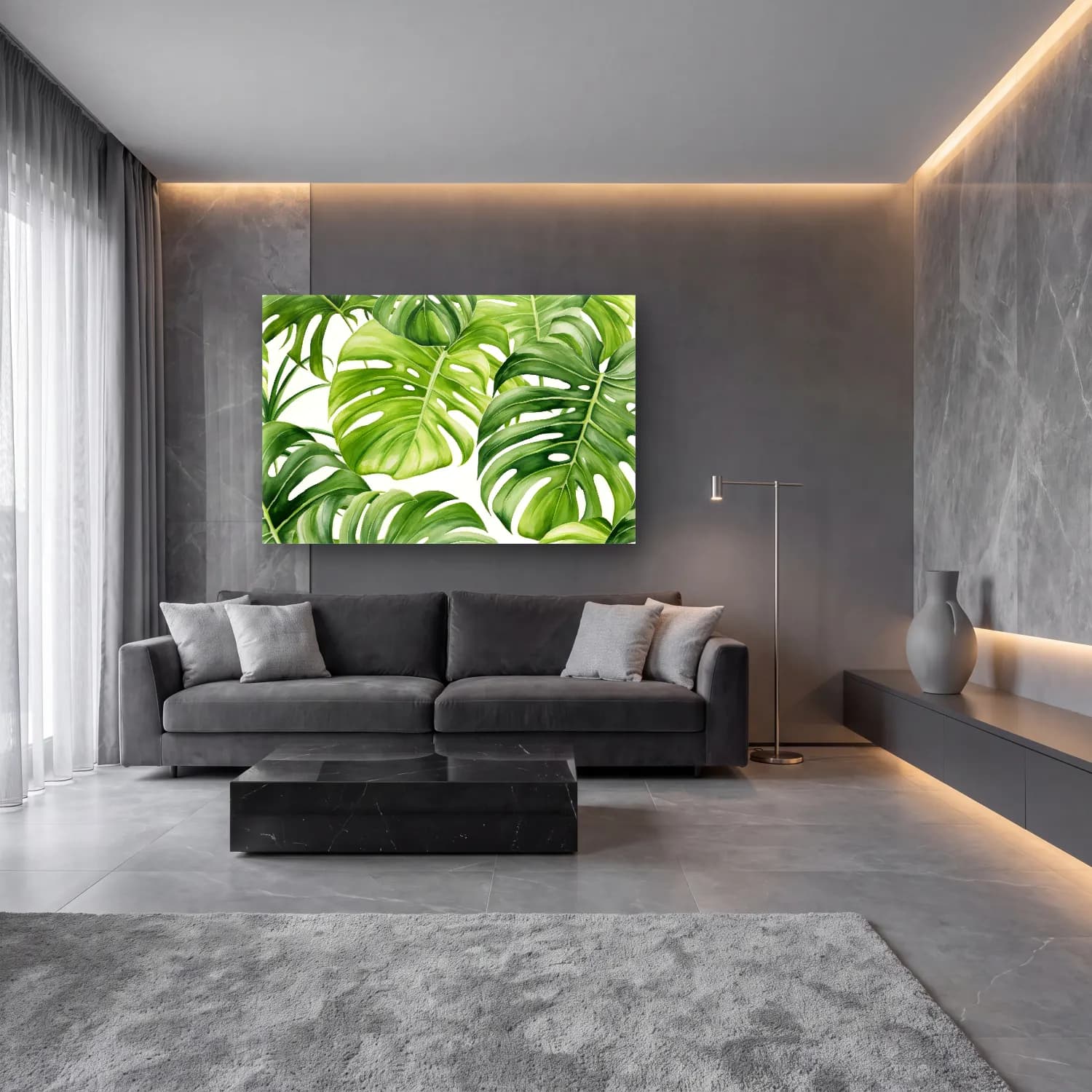Botanik İllüstrasyon Monstera Yaprağı – Yeşil Tonlar cam tablo — lüks salon duvarında