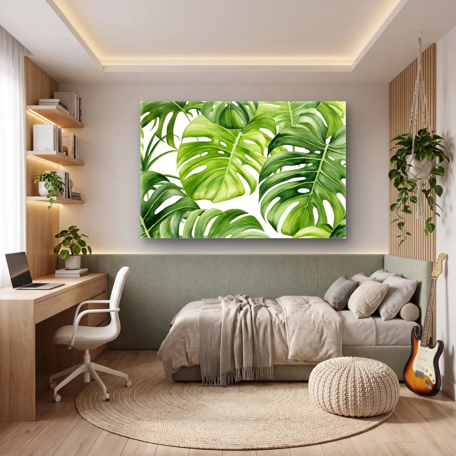 Botanik İllüstrasyon Monstera Yaprağı – Yeşil Tonlar cam tablo — genç odasında