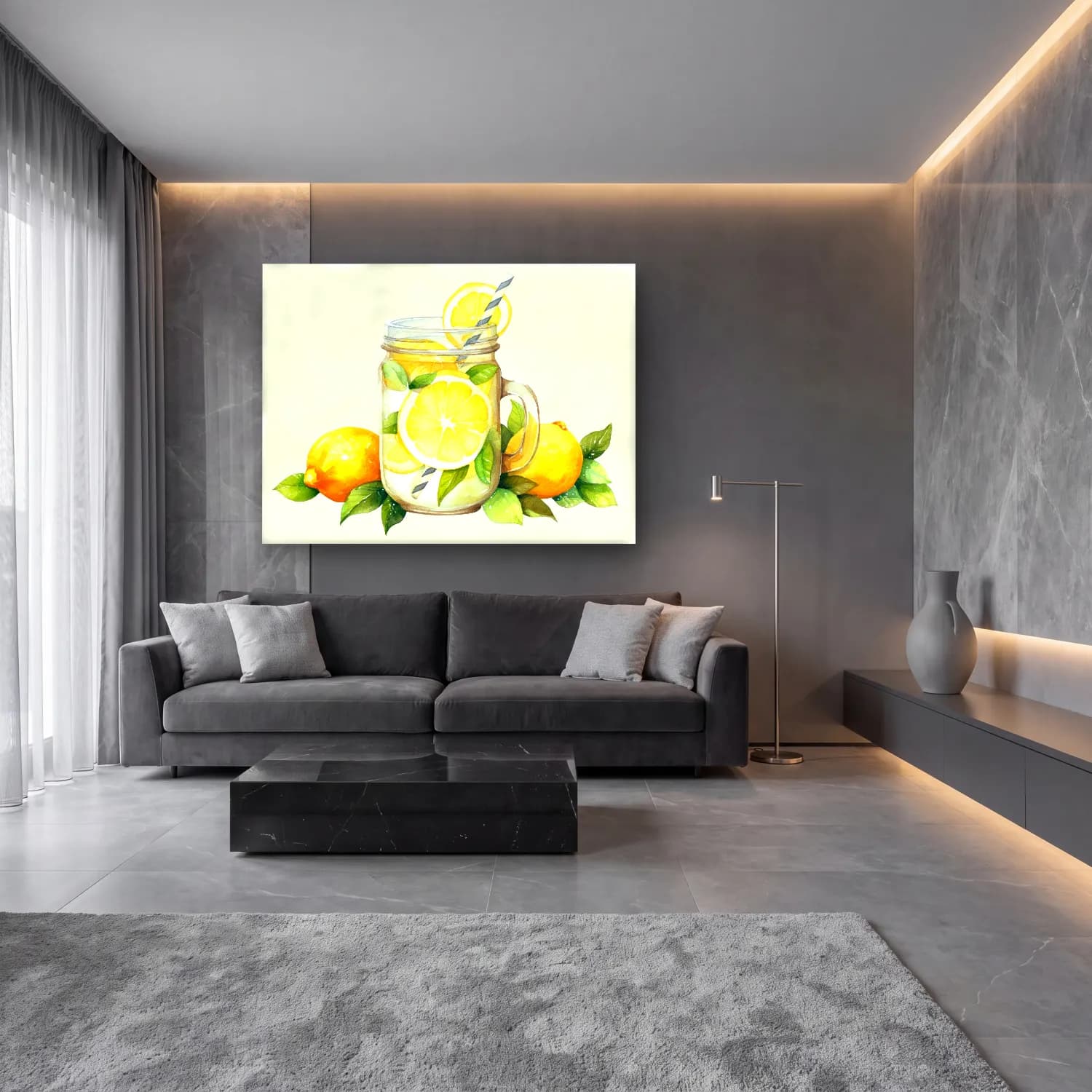 Suluboya Limonlar – Sarı Tonlar cam tablo — lüks salon duvarında