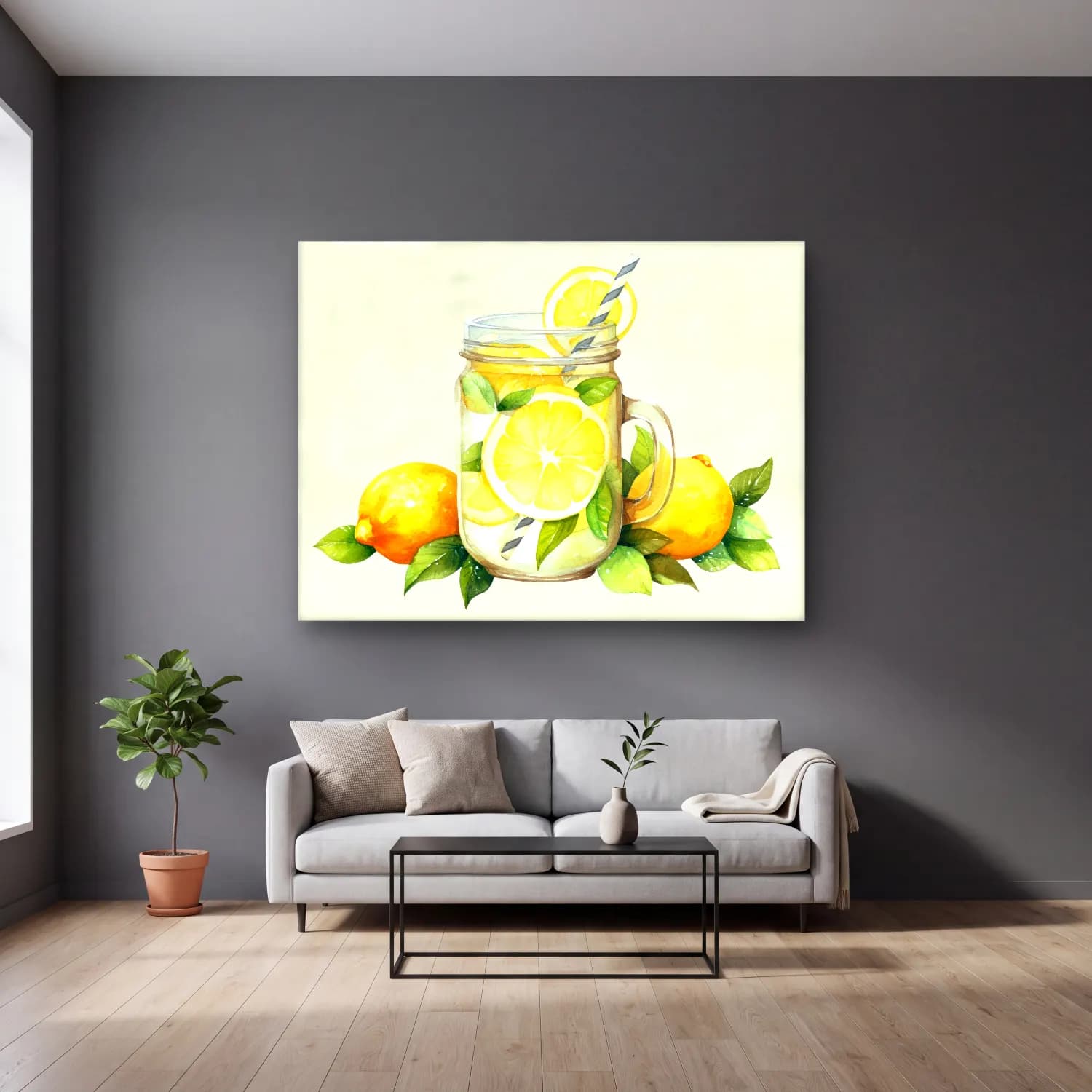 Suluboya Limonlar – Sarı Tonlar cam tablo — gri duvarlı salonda