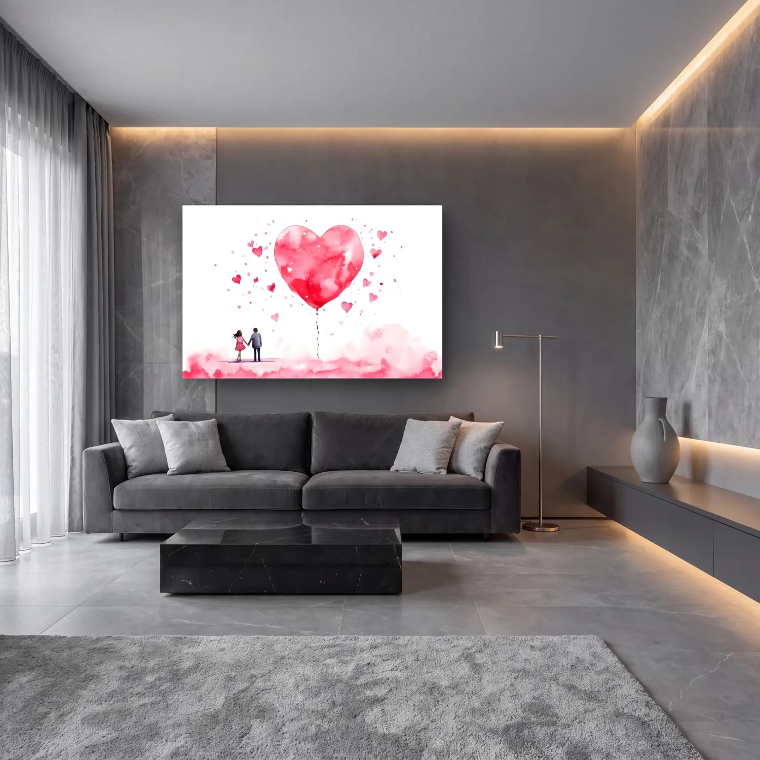 Suluboya Aşıklar – Pembe Tonlar cam tablo — lüks salon duvarında