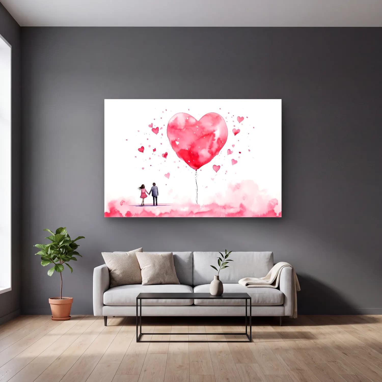 Suluboya Aşıklar – Pembe Tonlar cam tablo — gri duvarlı salonda