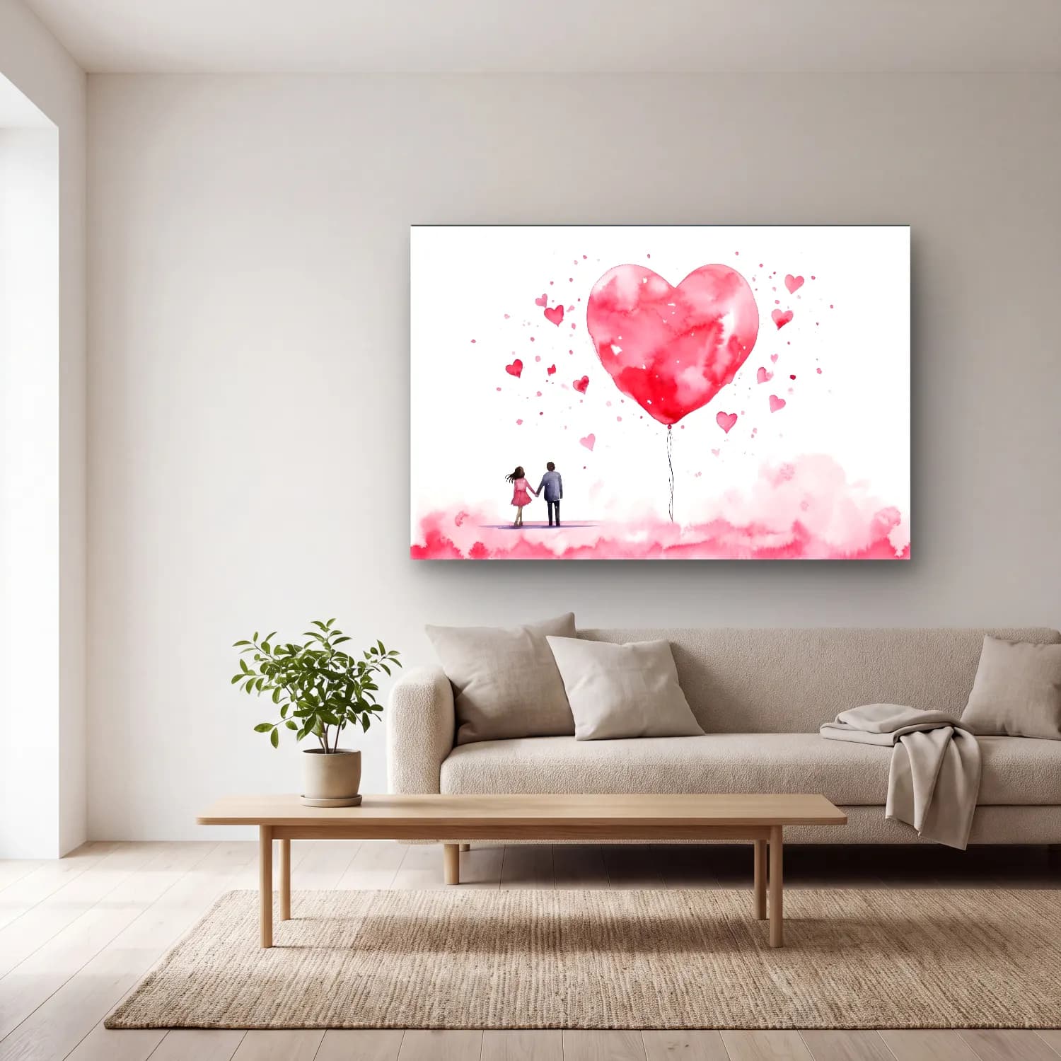 Suluboya Aşıklar – Pembe Tonlar cam tablo — açık renk salonda