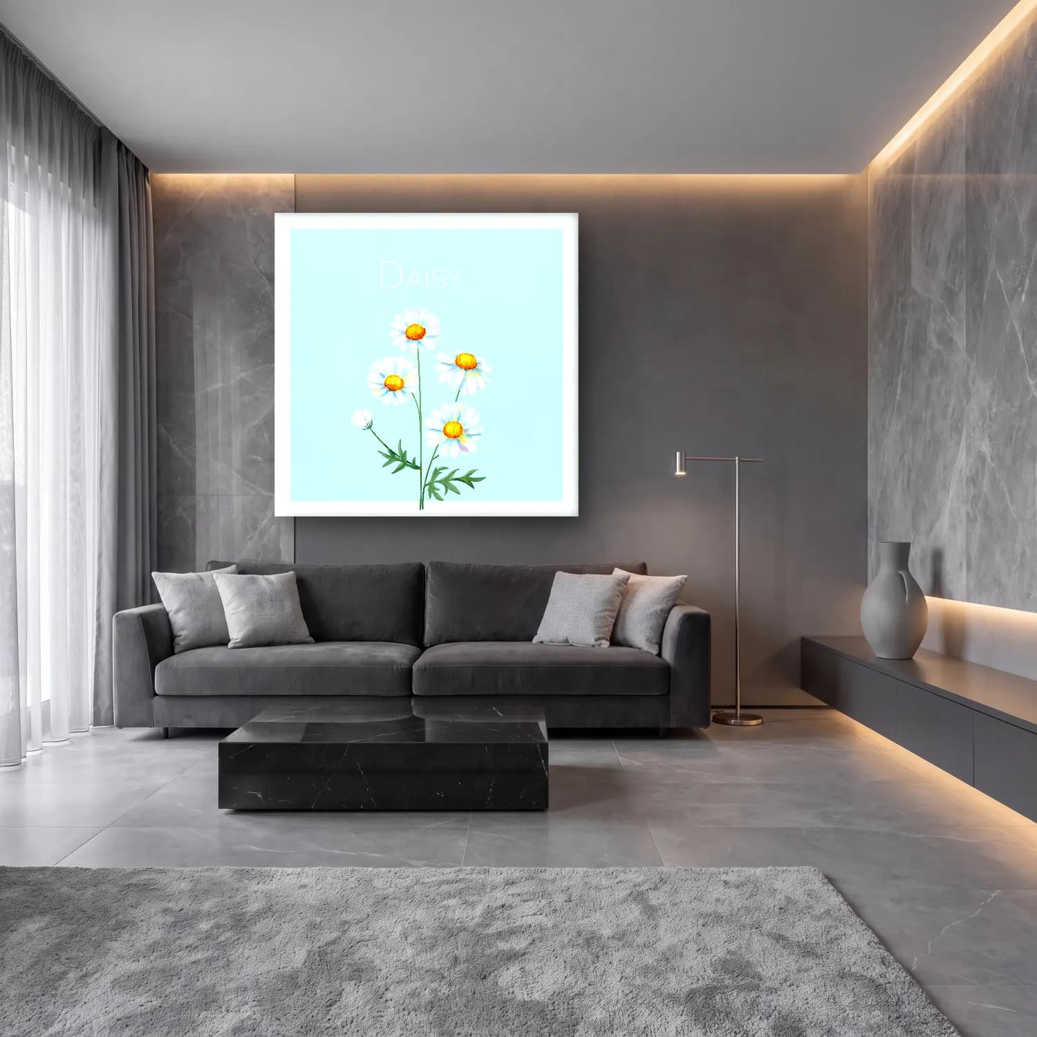 Botanik İllüstrasyon Papatyalar – Pastel Tonlar cam tablo — lüks salon duvarında