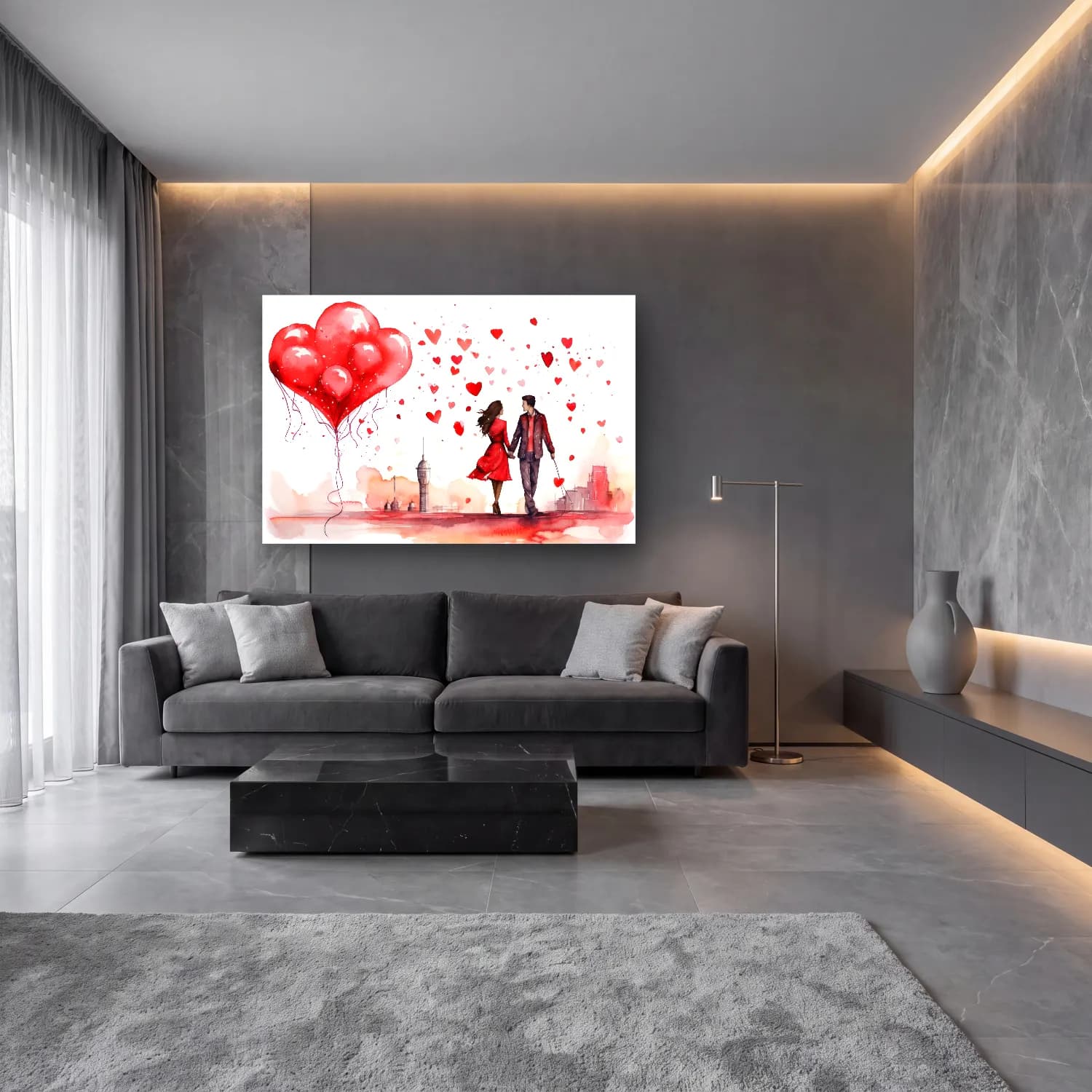 Suluboya Aşıklar – Kırmızı Tonlar cam tablo — lüks salon duvarında