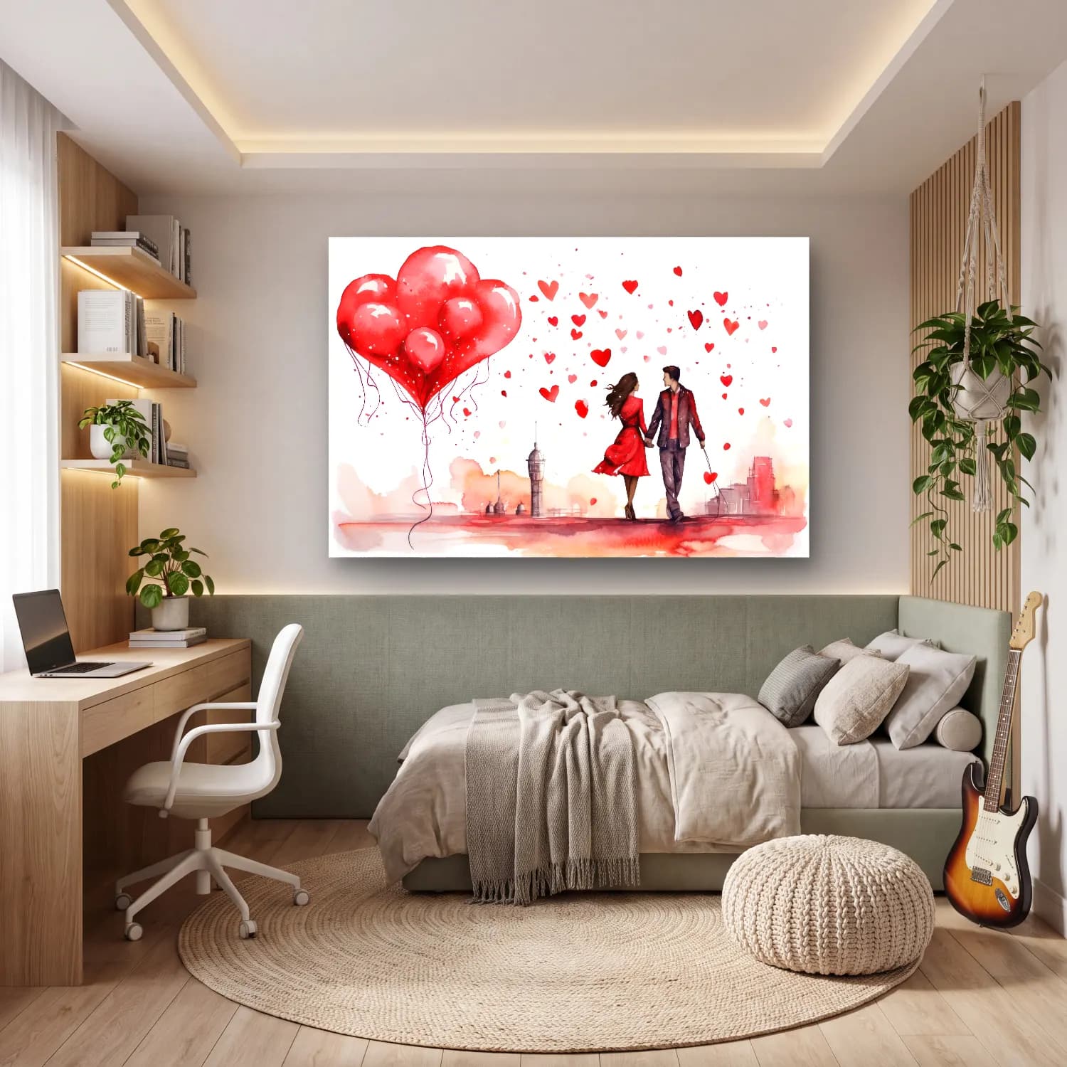 Suluboya Aşıklar – Kırmızı Tonlar cam tablo — genç odasında