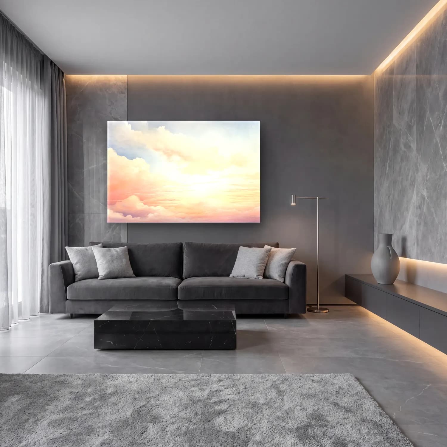 Pastel Gün Batımı Gökyüzü No. 4 cam tablo — lüks salon duvarında