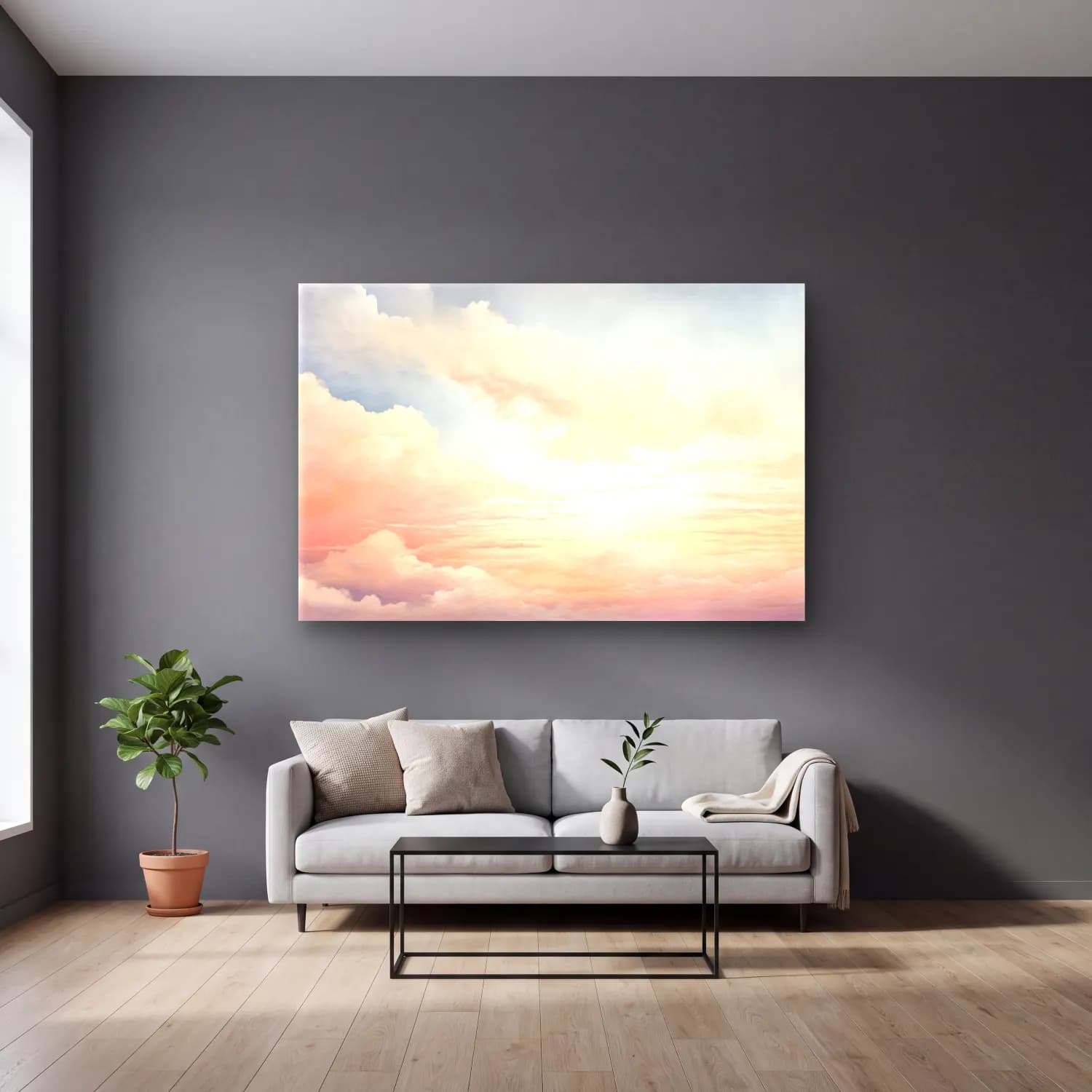Pastel Gün Batımı Gökyüzü No. 4 cam tablo — gri duvarlı salonda