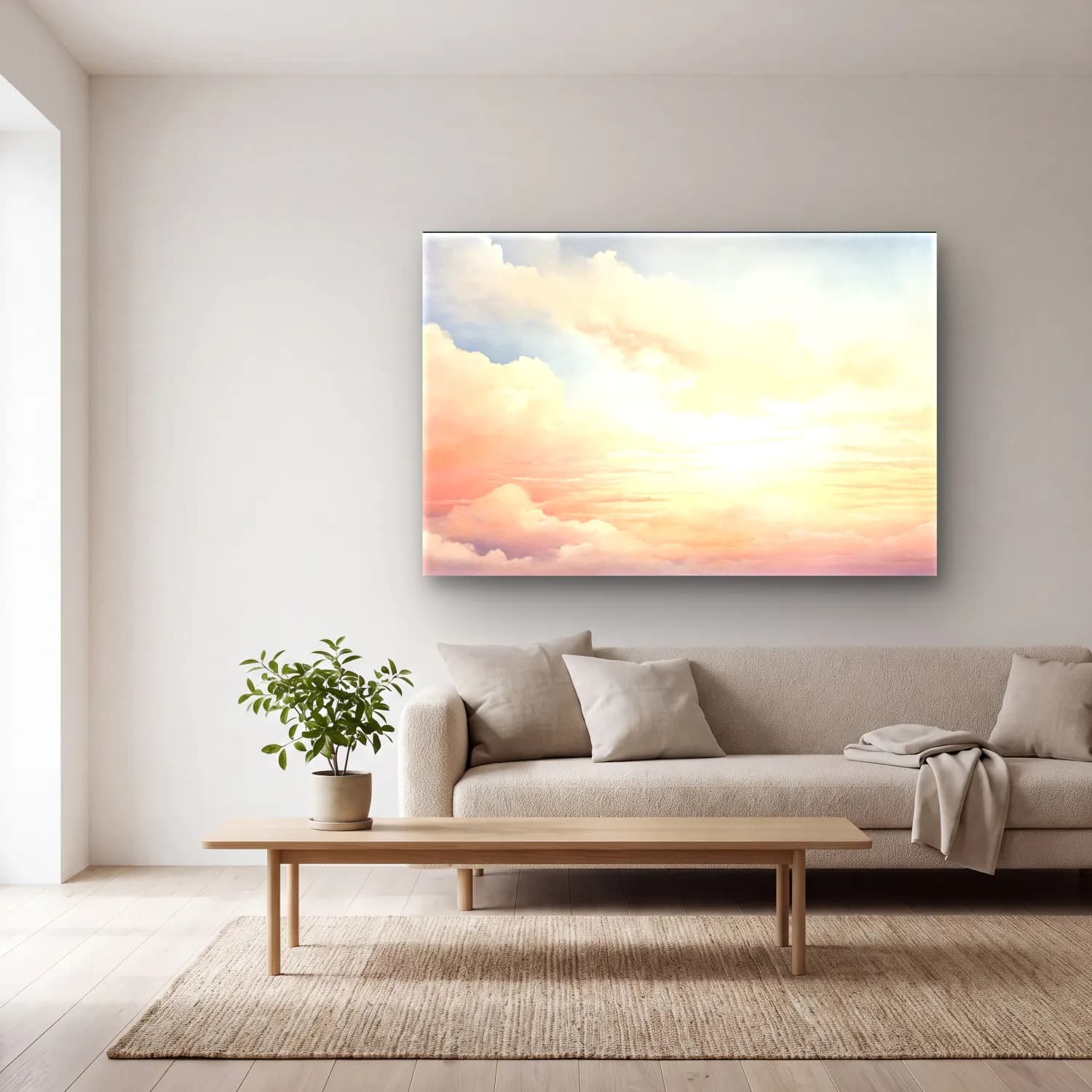 Pastel Gün Batımı Gökyüzü No. 4 cam tablo — açık renk salonda