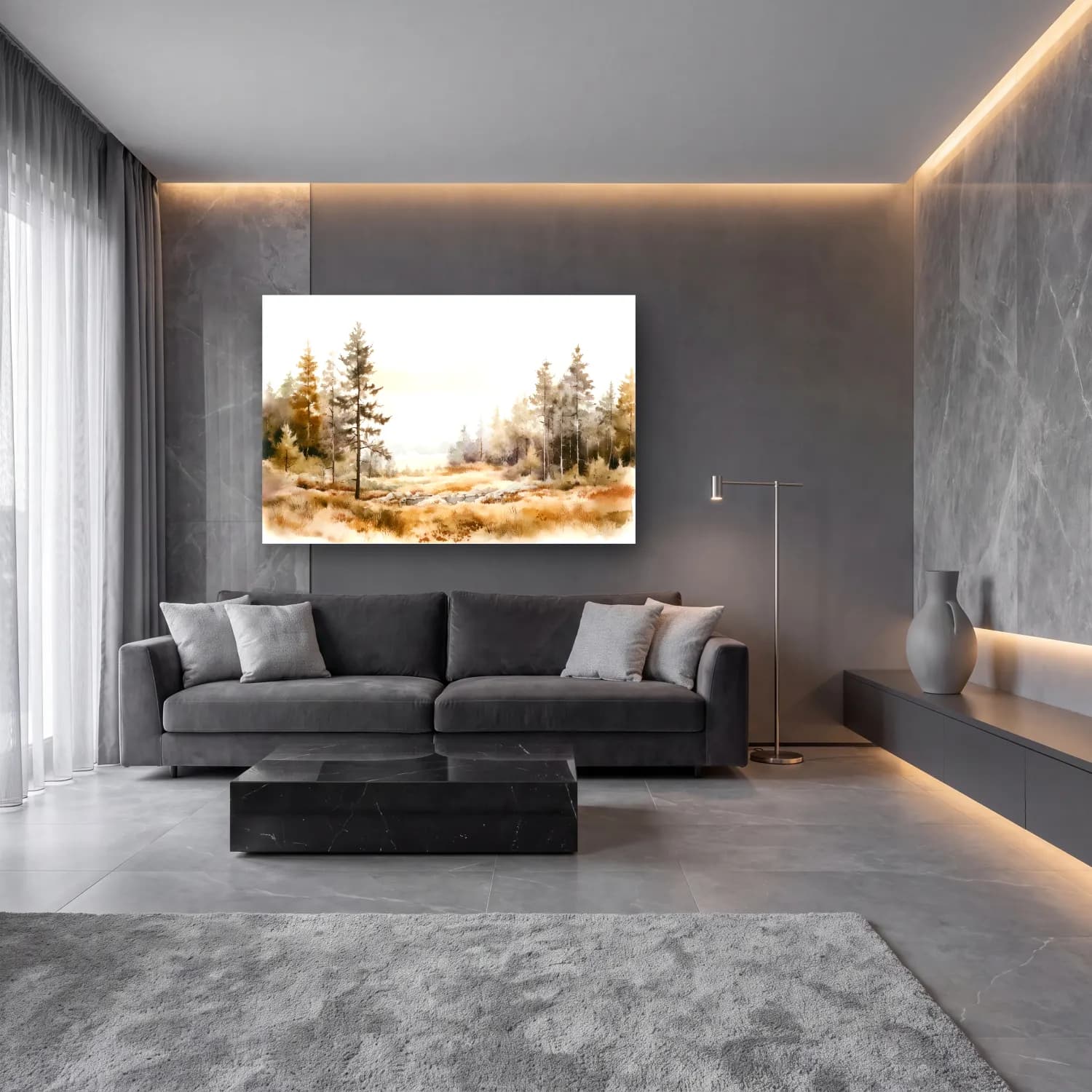 Suluboya Sisli Orman No. 16 cam tablo — lüks salon duvarında