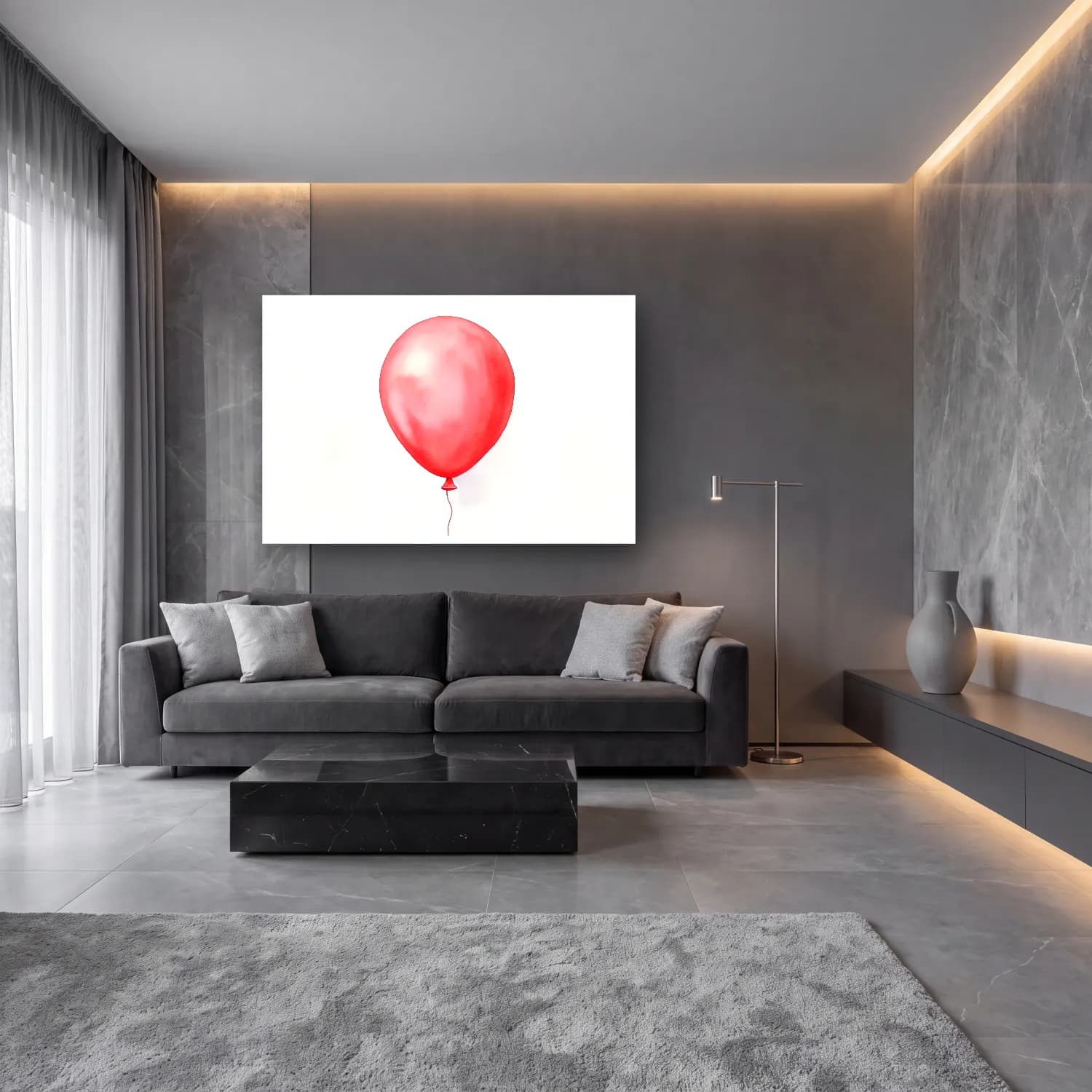 Suluboya Sıcak Hava Balonu – Kırmızı Tonlar cam tablo — lüks salon duvarında
