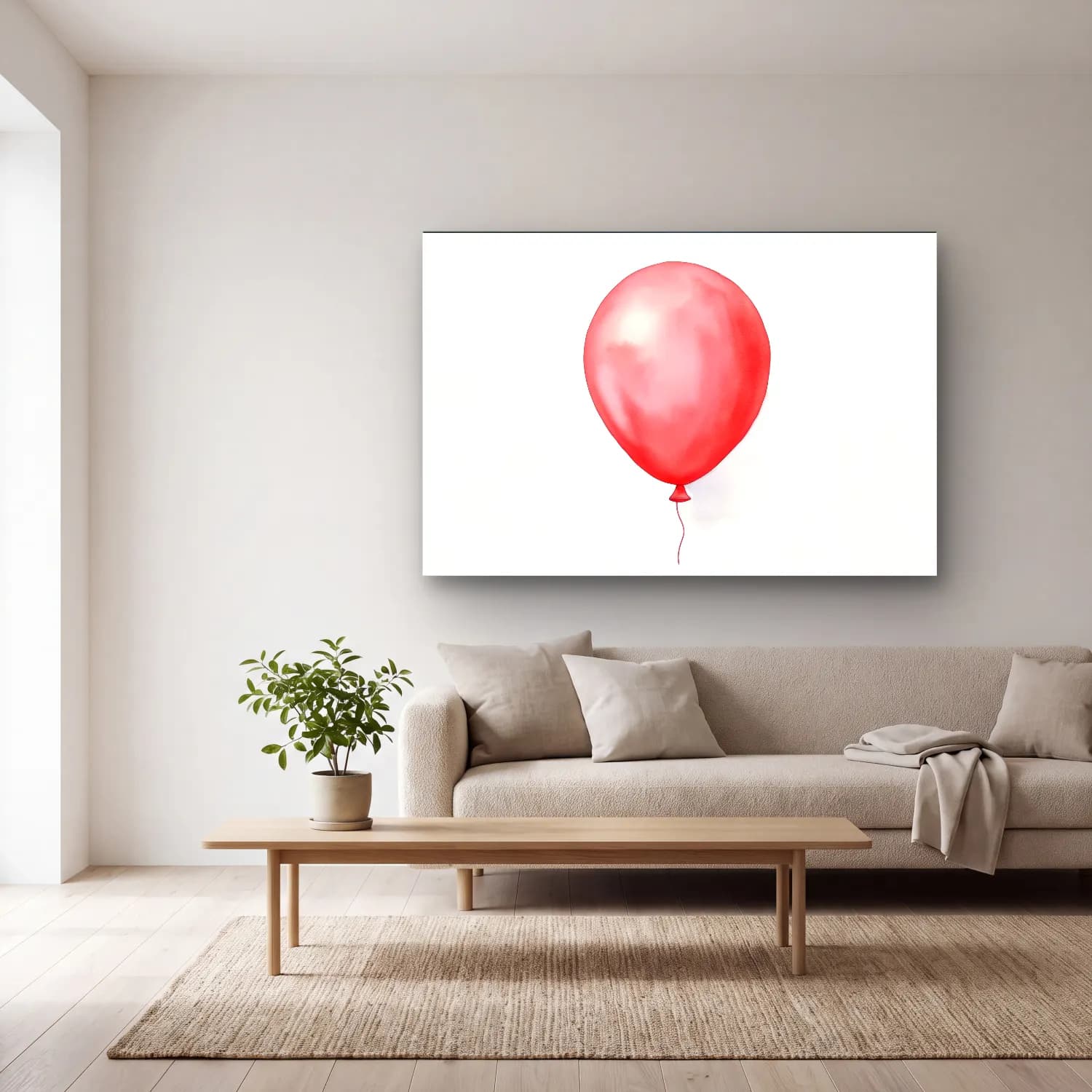 Suluboya Sıcak Hava Balonu – Kırmızı Tonlar cam tablo — açık renk salonda