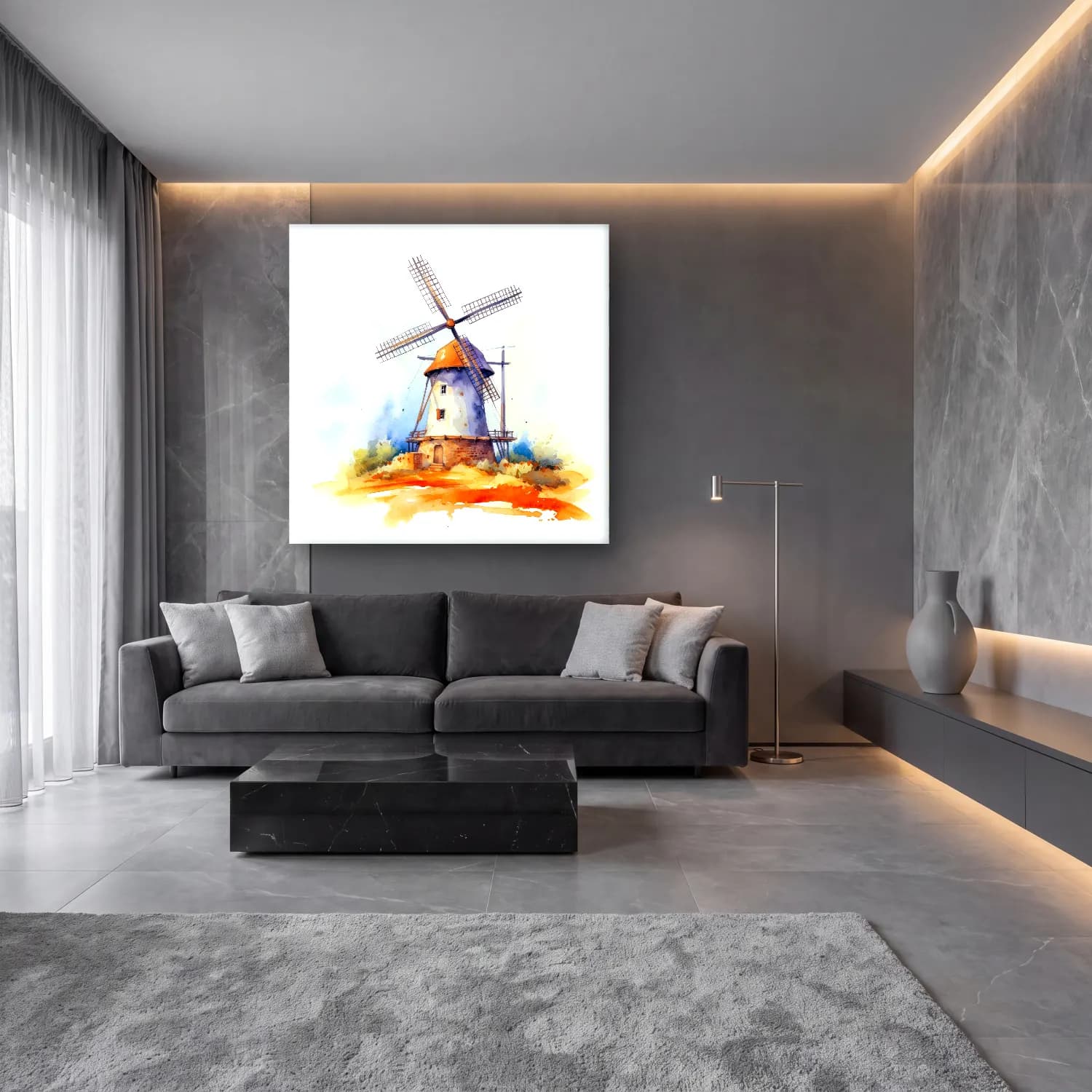 Suluboya Kır Evi – Turuncu Tonlar cam tablo — lüks salon duvarında