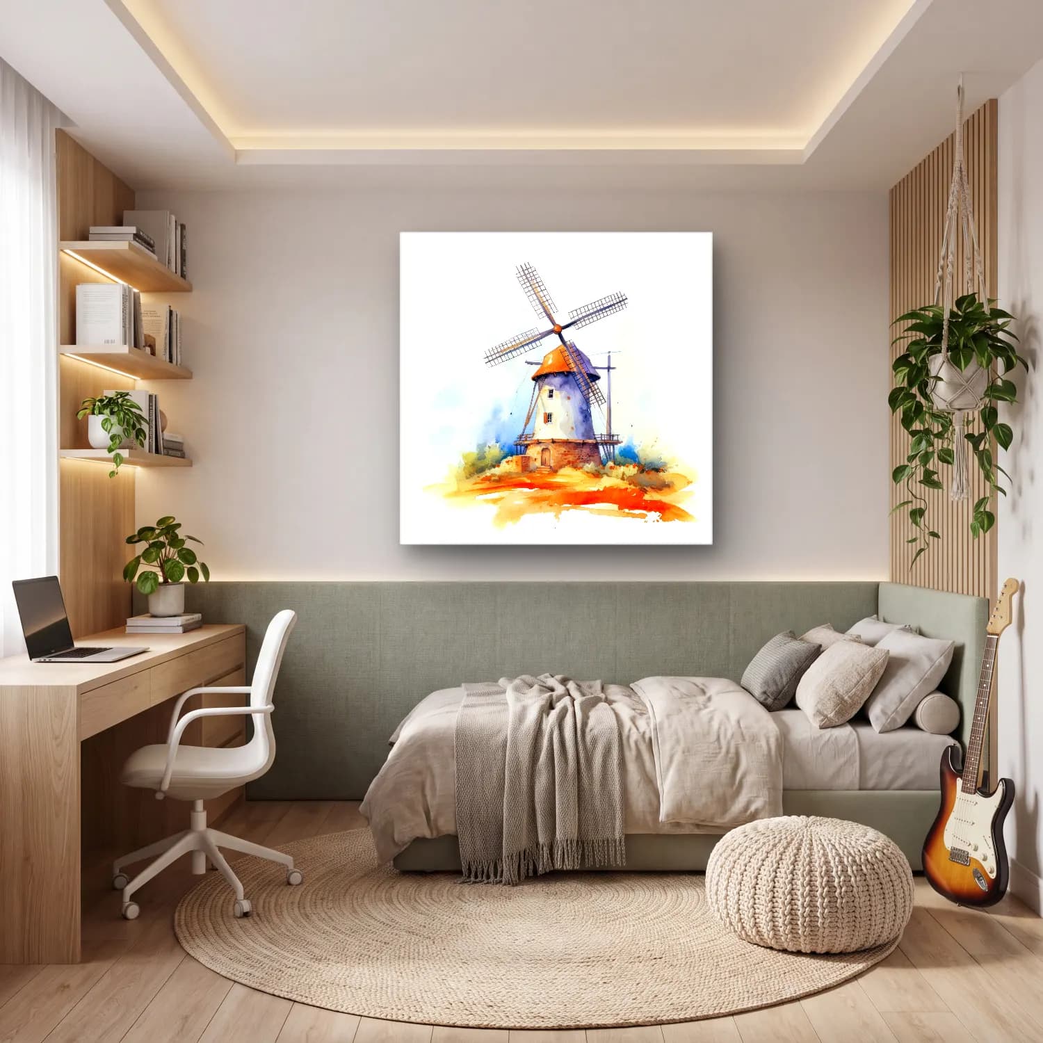Suluboya Kır Evi – Turuncu Tonlar cam tablo — genç odasında