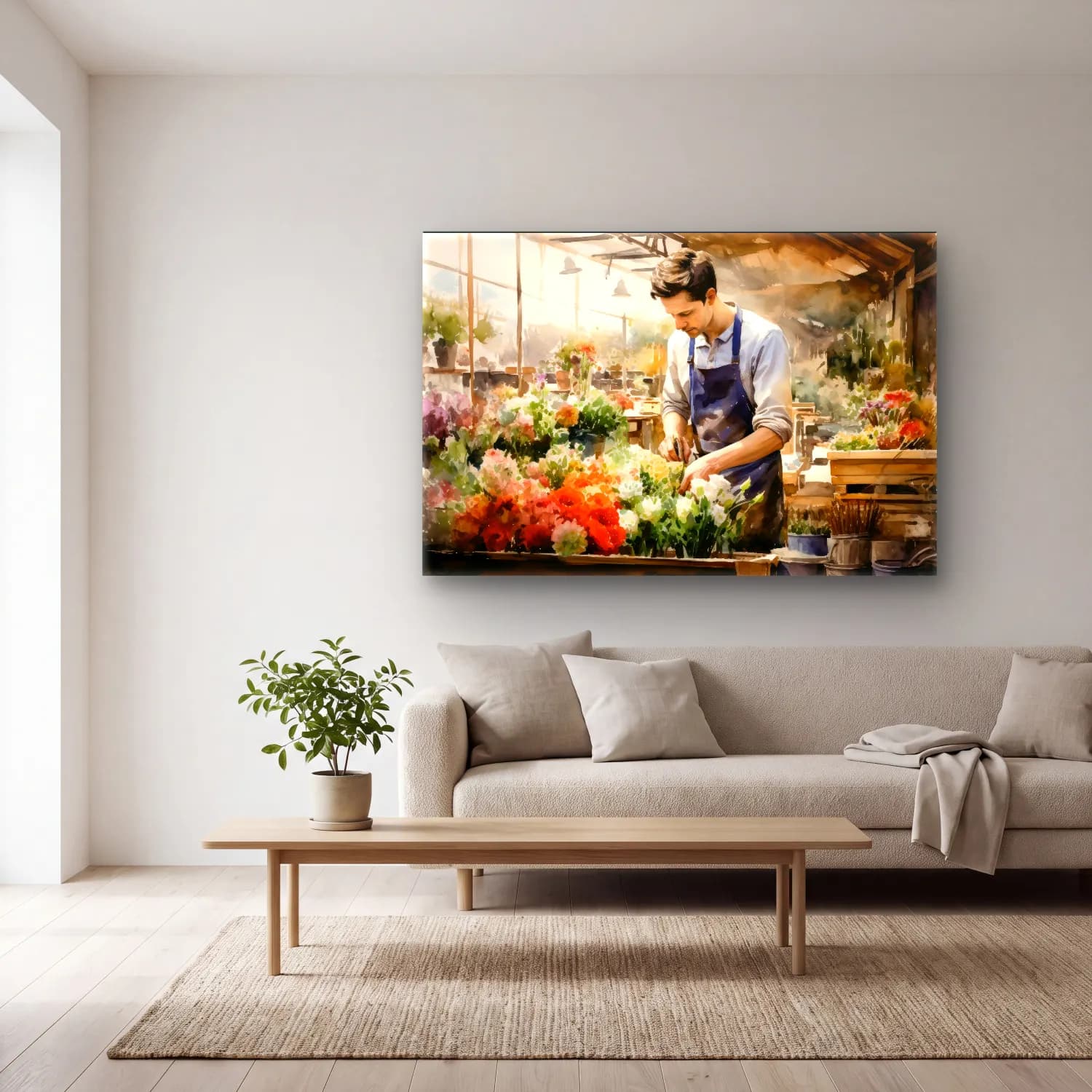 Suluboya Çiçek Pazarı – Pastel Tonlar cam tablo — açık renk salonda