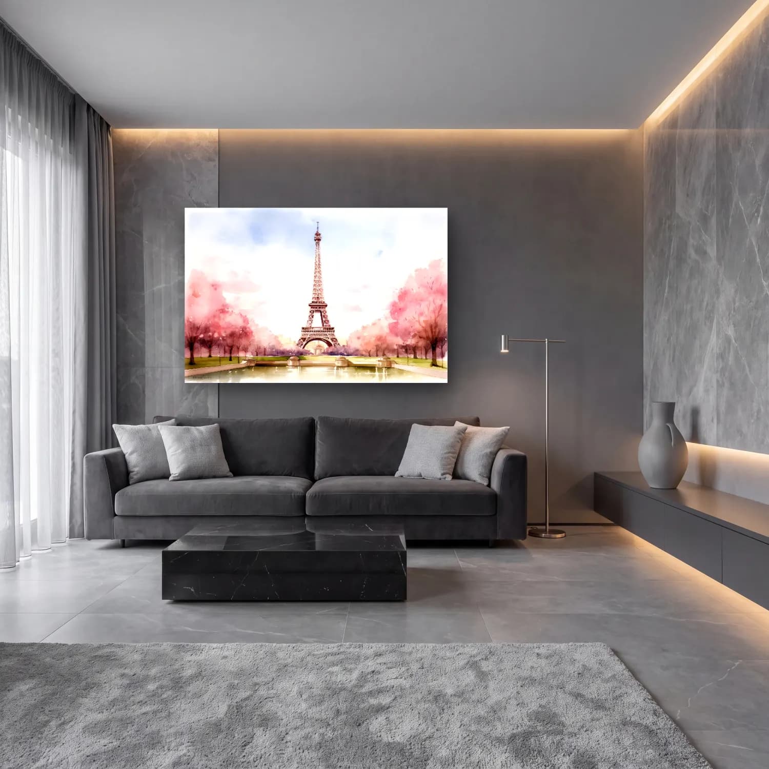 Suluboya Paris ve Eyfel Kulesi No. 3 cam tablo — lüks salon duvarında