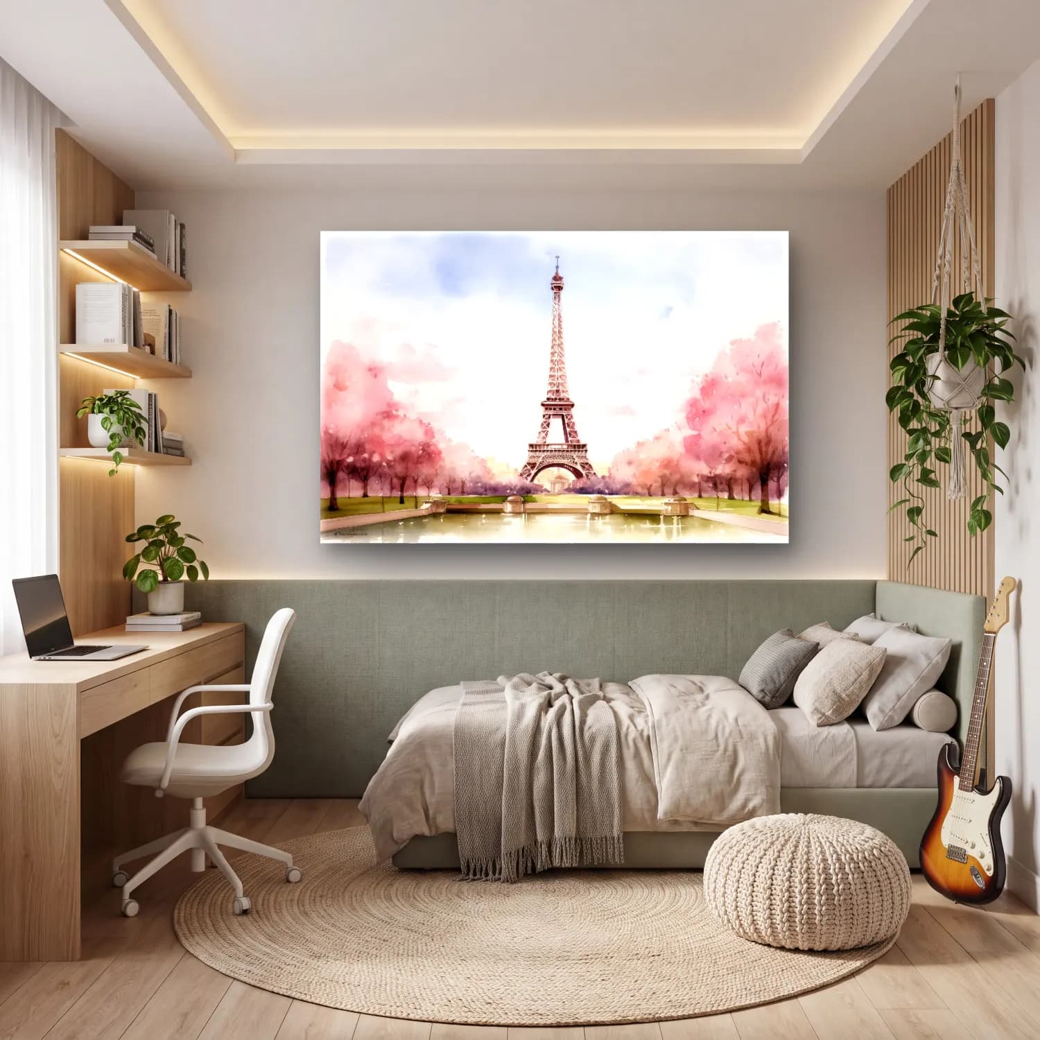 Suluboya Paris ve Eyfel Kulesi No. 3 cam tablo — genç odasında