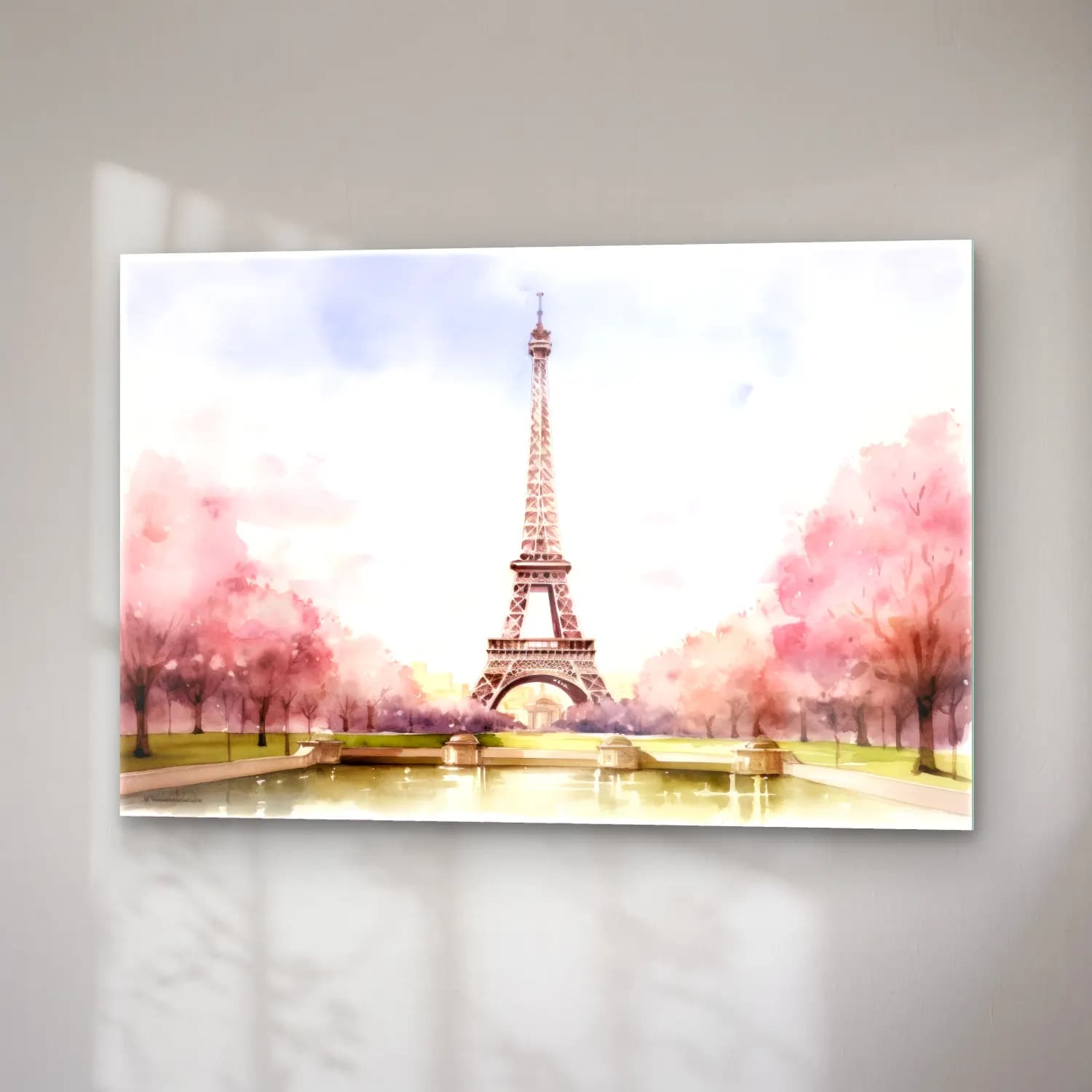 Suluboya Paris ve Eyfel Kulesi No. 3 cam tablo — sağ açıdan görünüm
