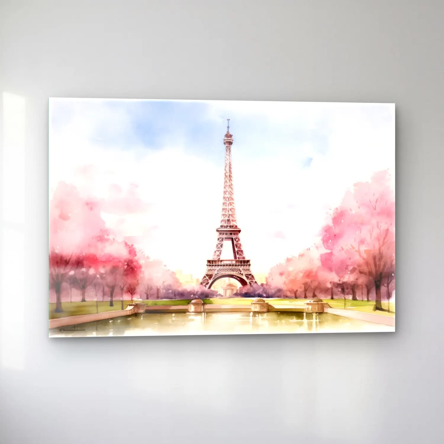 Suluboya Paris ve Eyfel Kulesi No. 3 cam tablo — sol açıdan görünüm